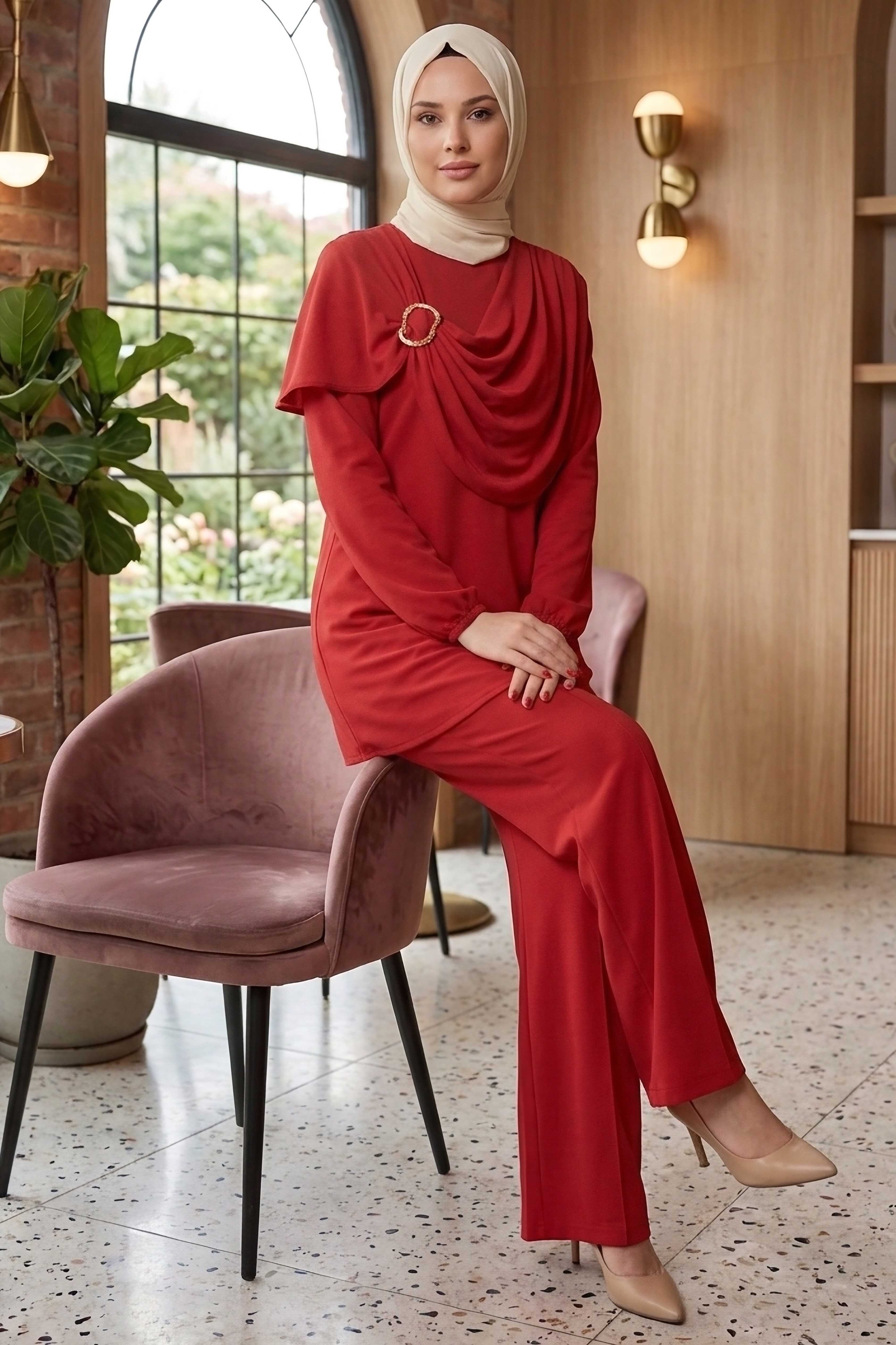 Toka Detaylı Dokuma Viskon İkili Takım - 2093-KIRMIZI - 1