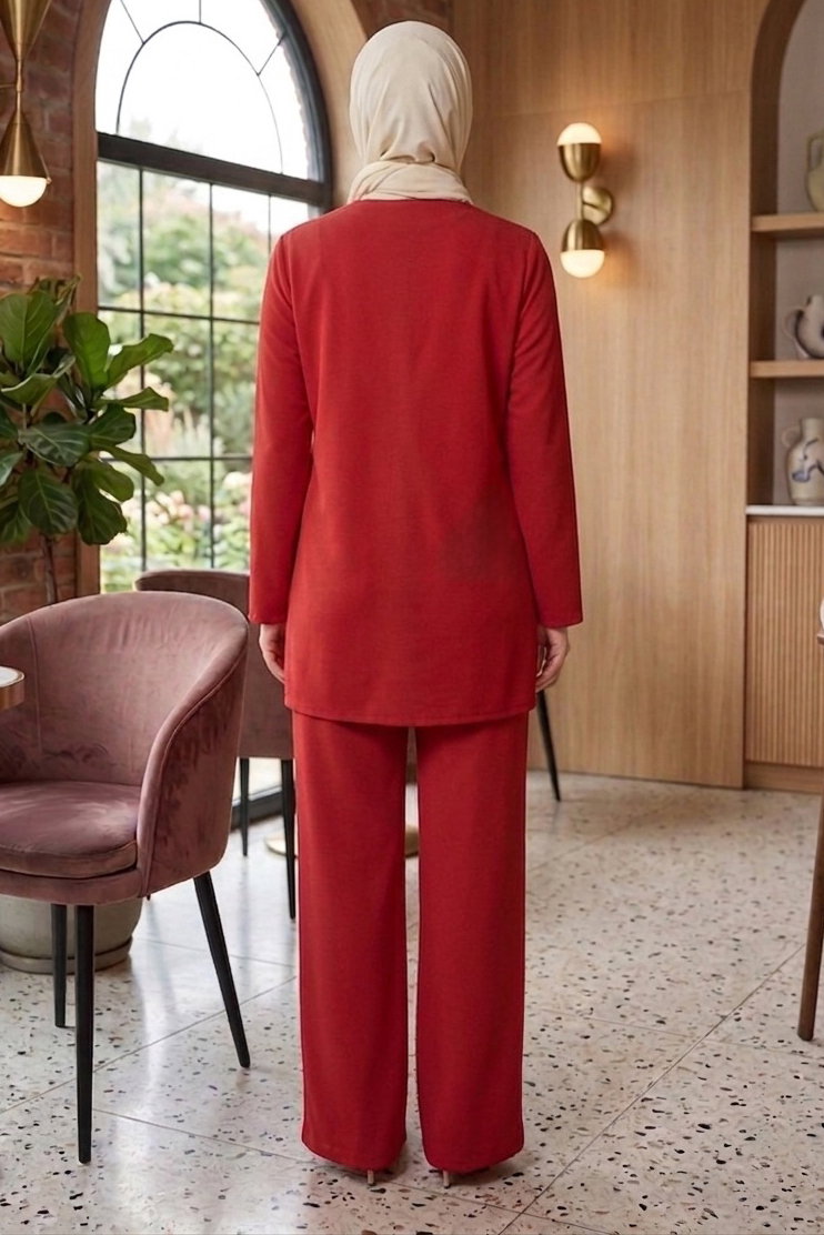 Toka Detaylı Dokuma Viskon İkili Takım - 2093-KIRMIZI - 3