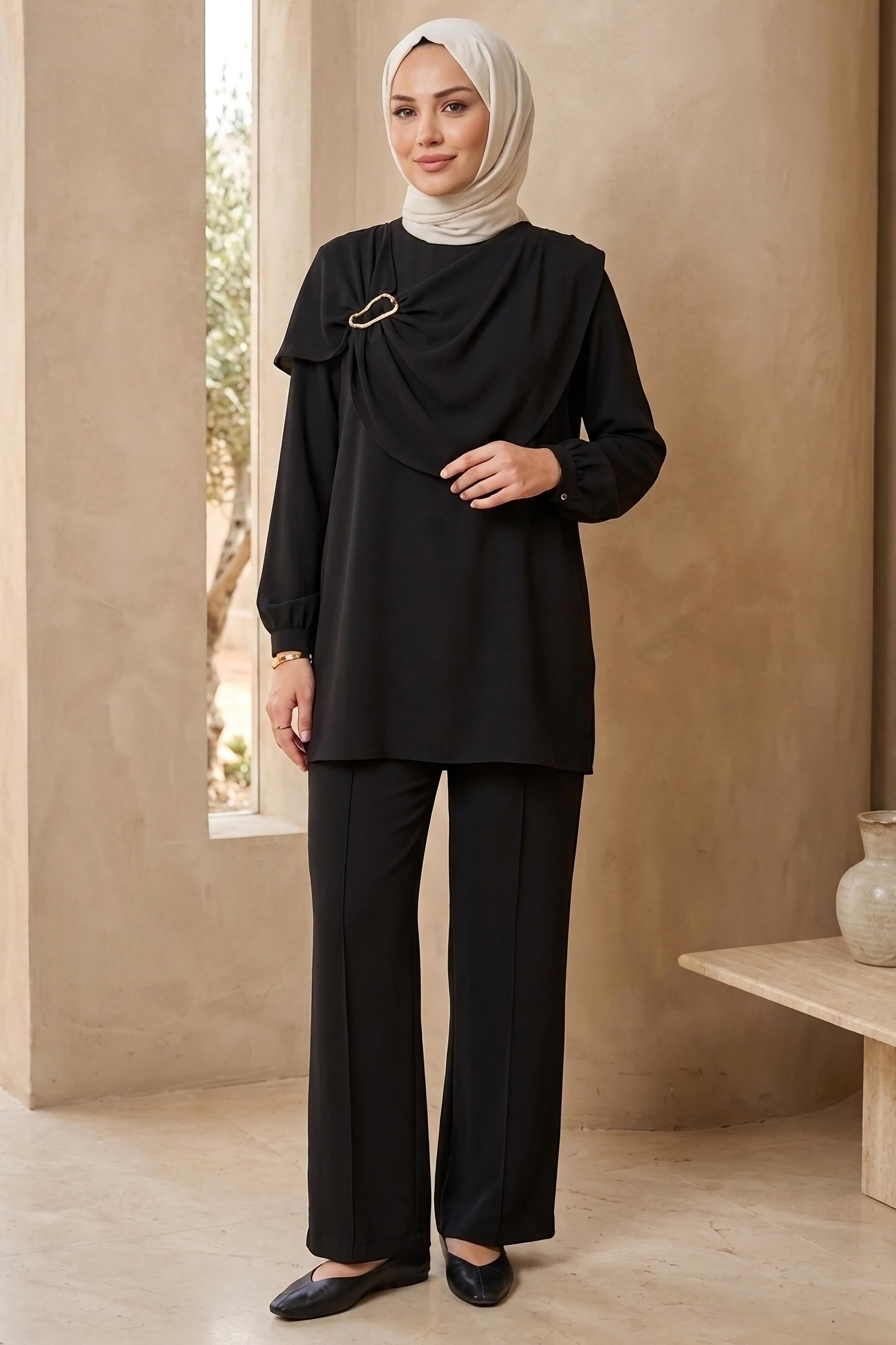 Toka Detaylı Dokuma Viskon İkili Takım - 2093-SIYAH - 1