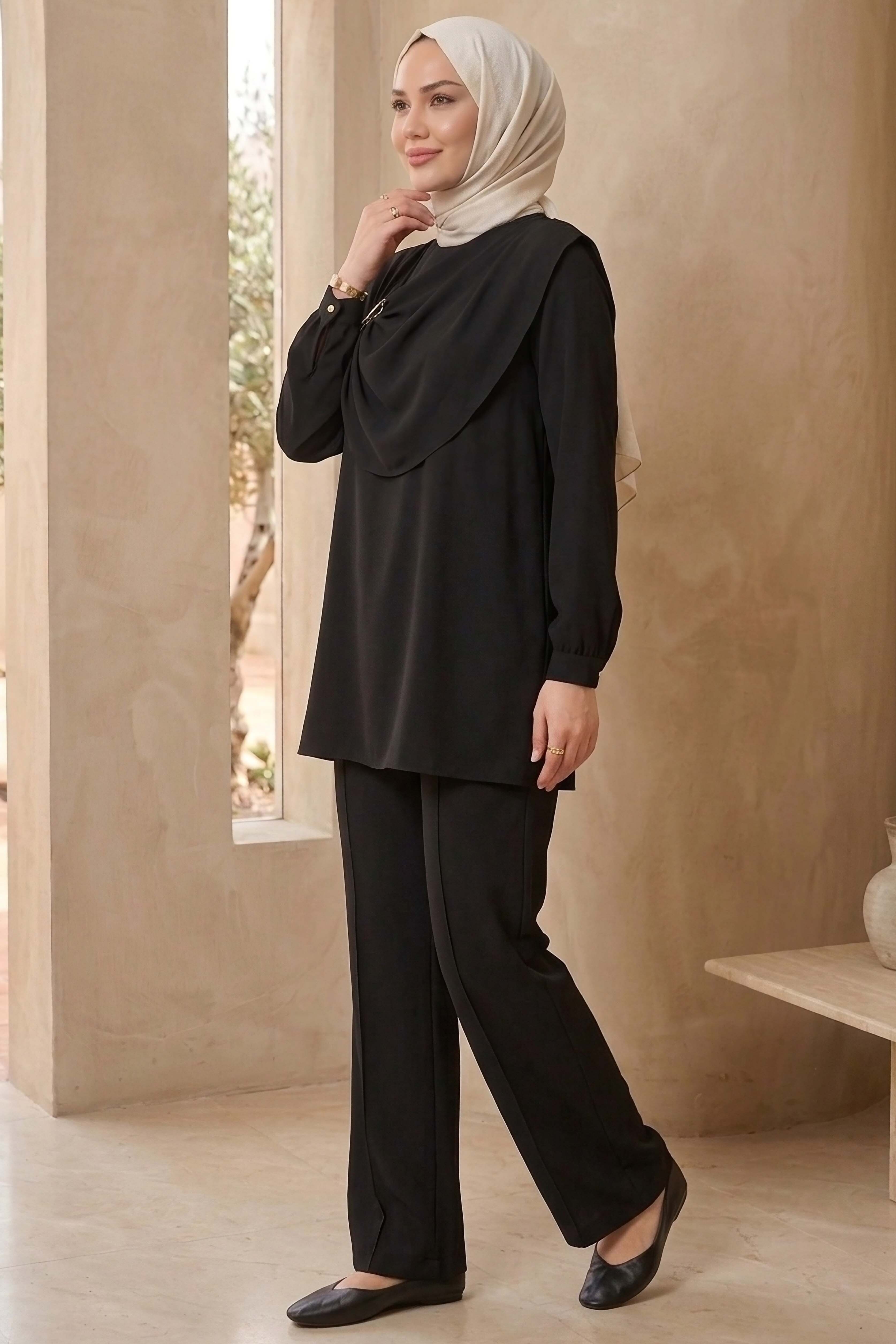 Toka Detaylı Dokuma Viskon İkili Takım - 2093-SIYAH - 2