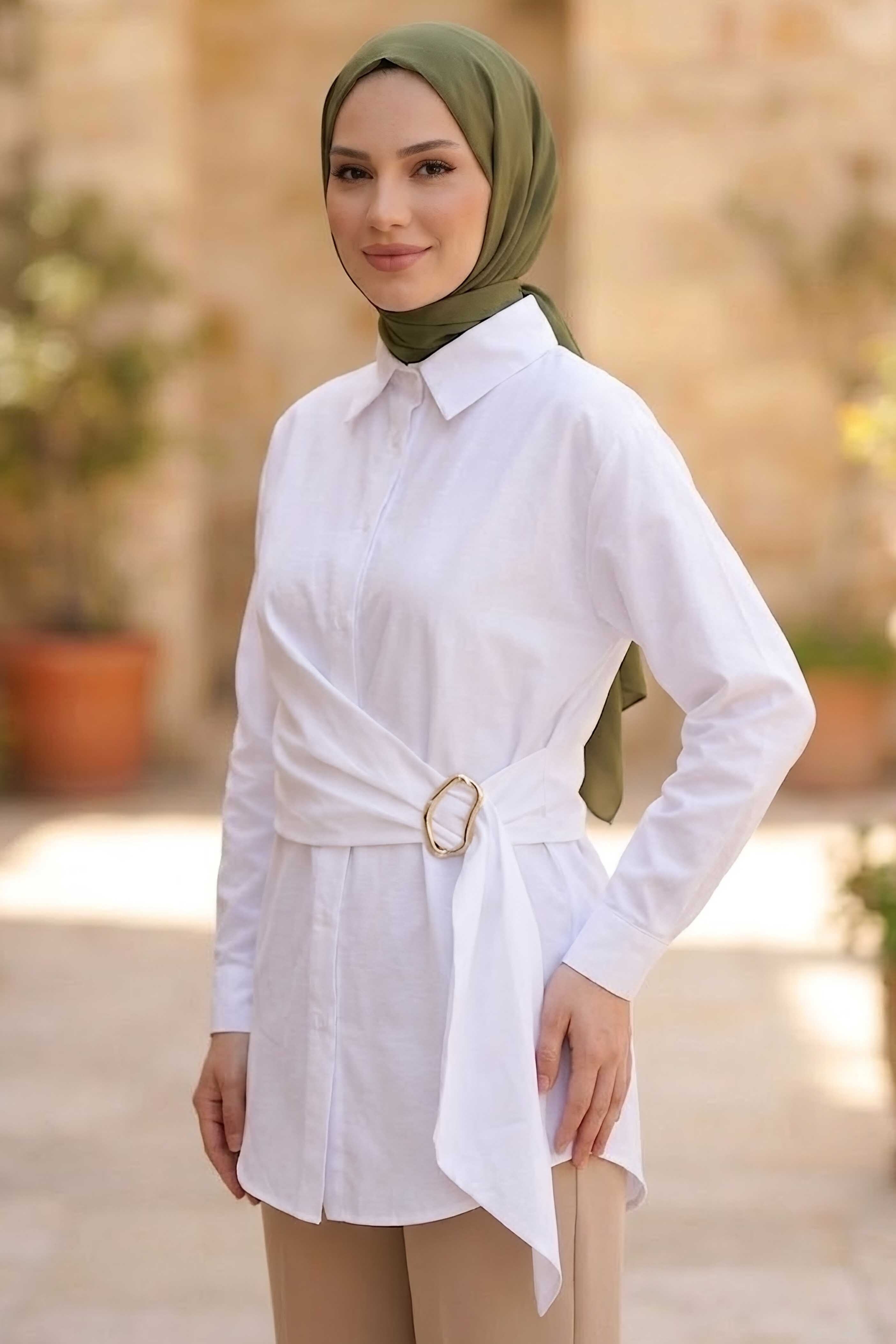 Toka Kuşak Detaylı Tunik Beyaz - 28728-BEYAZ - 1