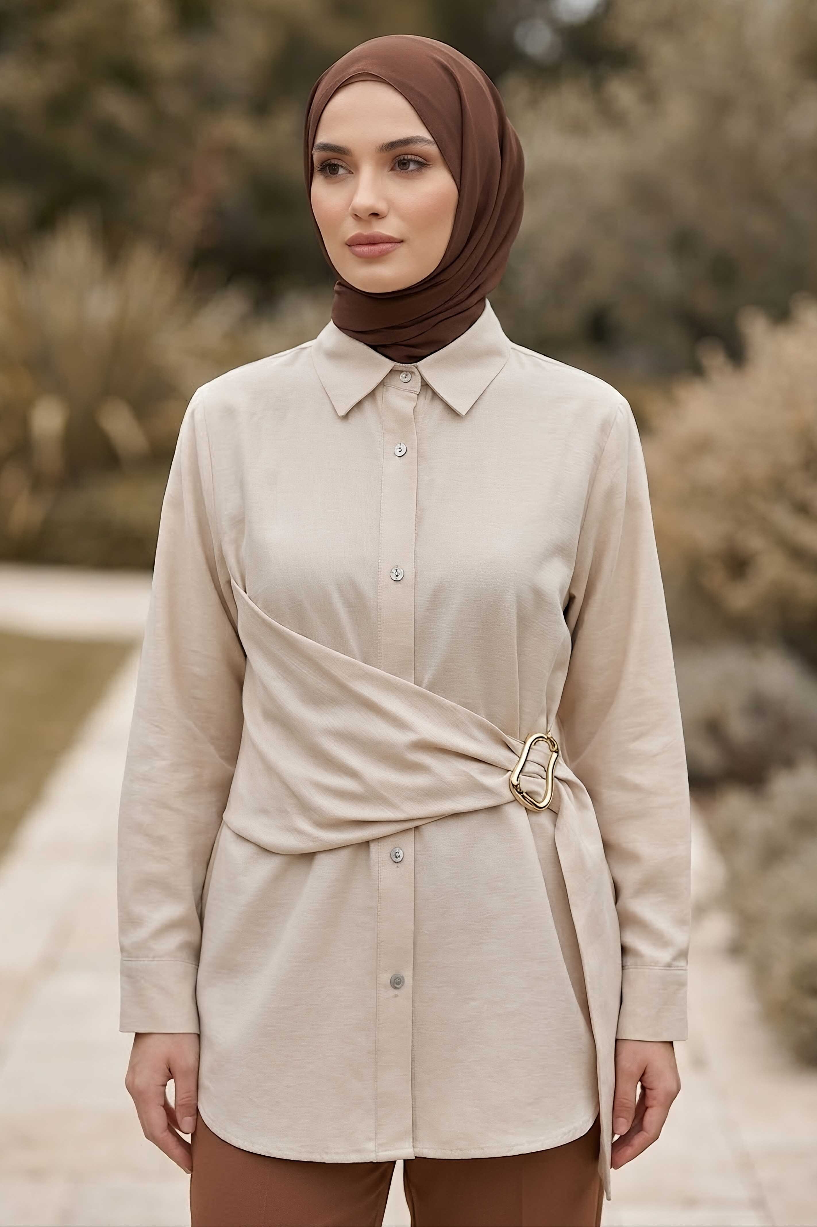 Toka Kuşak Detaylı Tunik Krem - 28728-KREM - 1