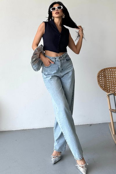 Tokalı Baggy Kot Pantolon Buz Mavi - 27297 