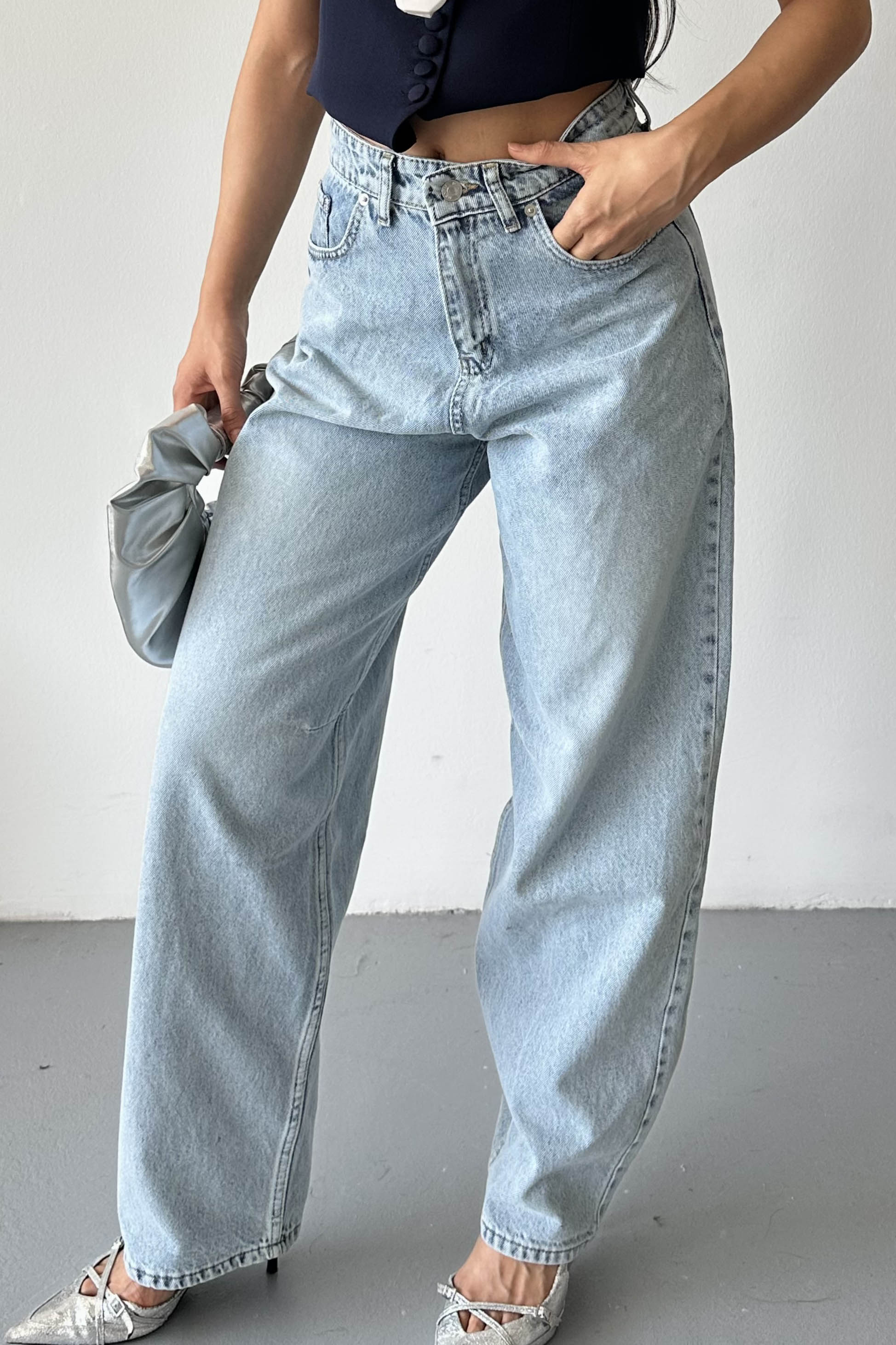 Tokalı Baggy Kot Pantolon Buz Mavi - 27297 - 2