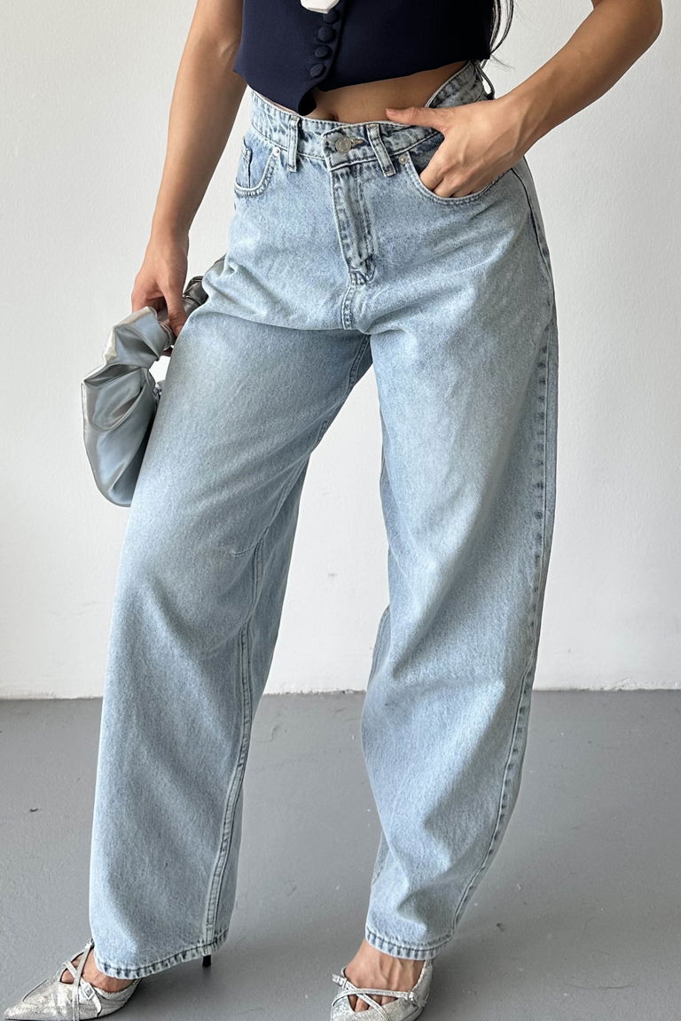 Tokalı Baggy Kot Pantolon Buz Mavi - 27297 - TOFİSA