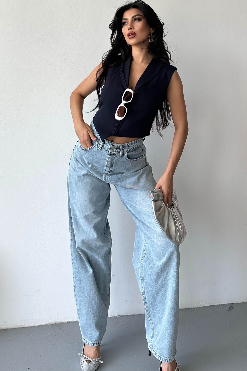 Tokalı Baggy Kot Pantolon Buz Mavi - 27297 - 3