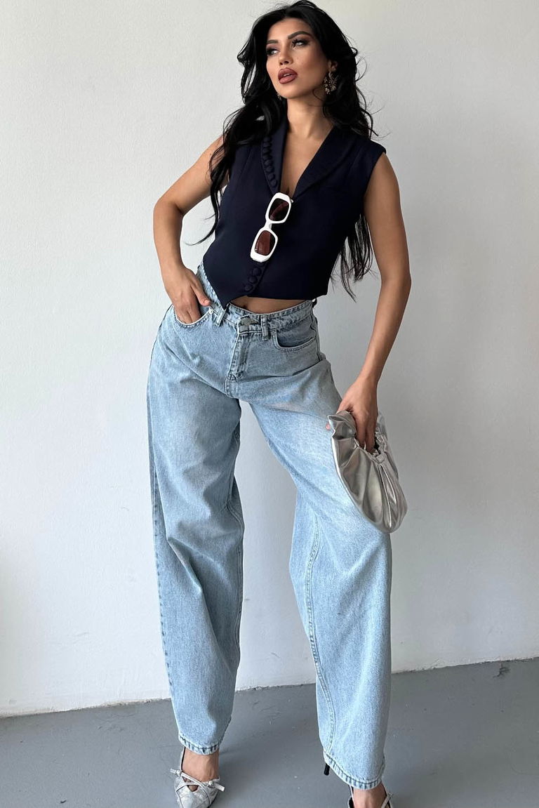 Tokalı Baggy Kot Pantolon Buz Mavi - 27297 - TOFİSA