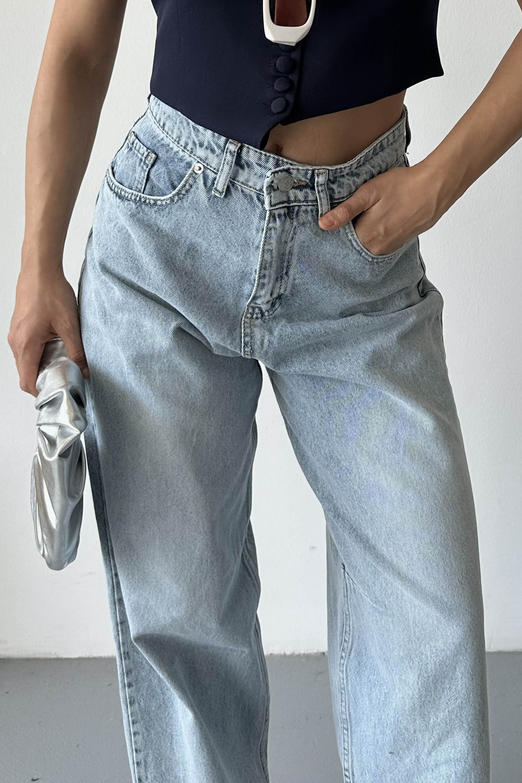 Tokalı Baggy Kot Pantolon Buz Mavi - 27297 - 5