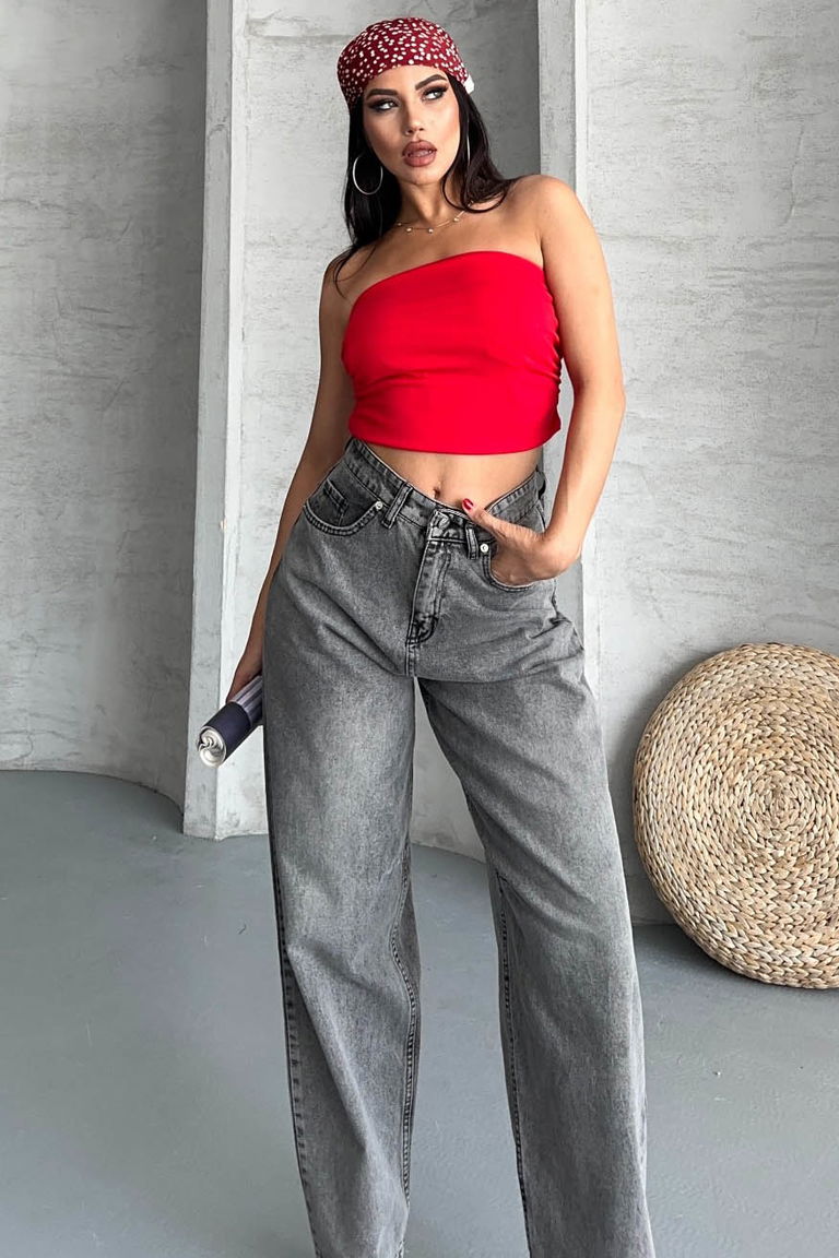 Tokalı Baggy Kot Pantolon Füme - 27297 - TOFİSA