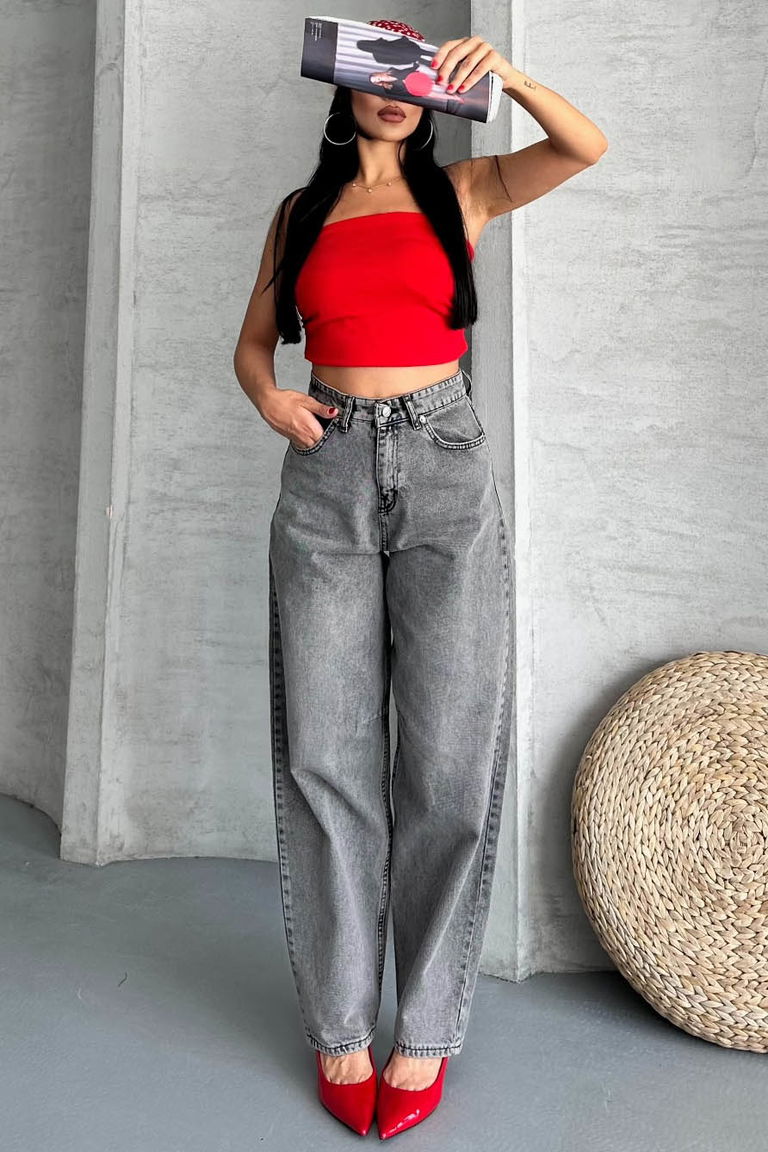 Tokalı Baggy Kot Pantolon Füme - 27297 - TOFİSA