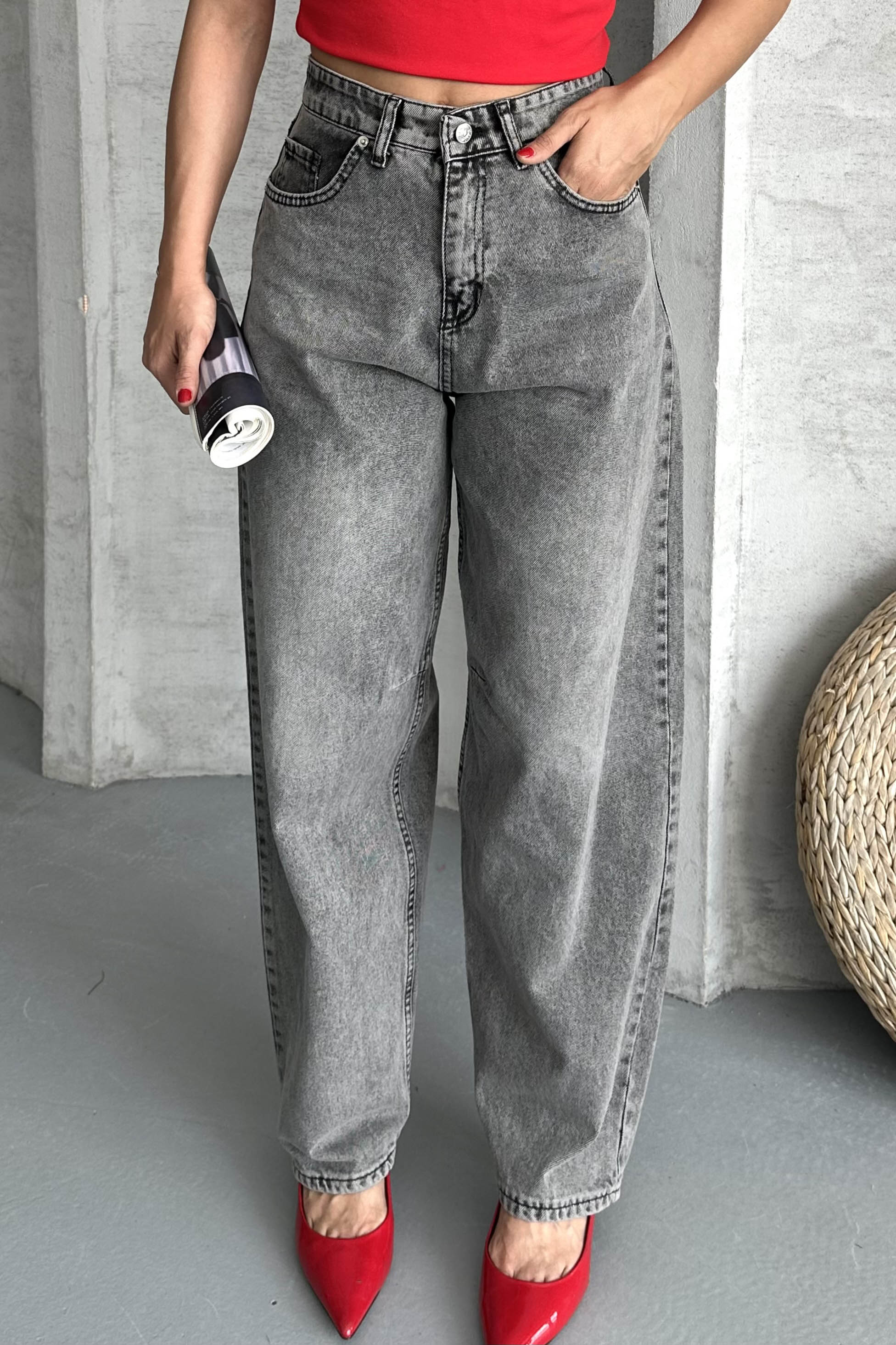 Tokalı Baggy Kot Pantolon Füme - 27297 - 4