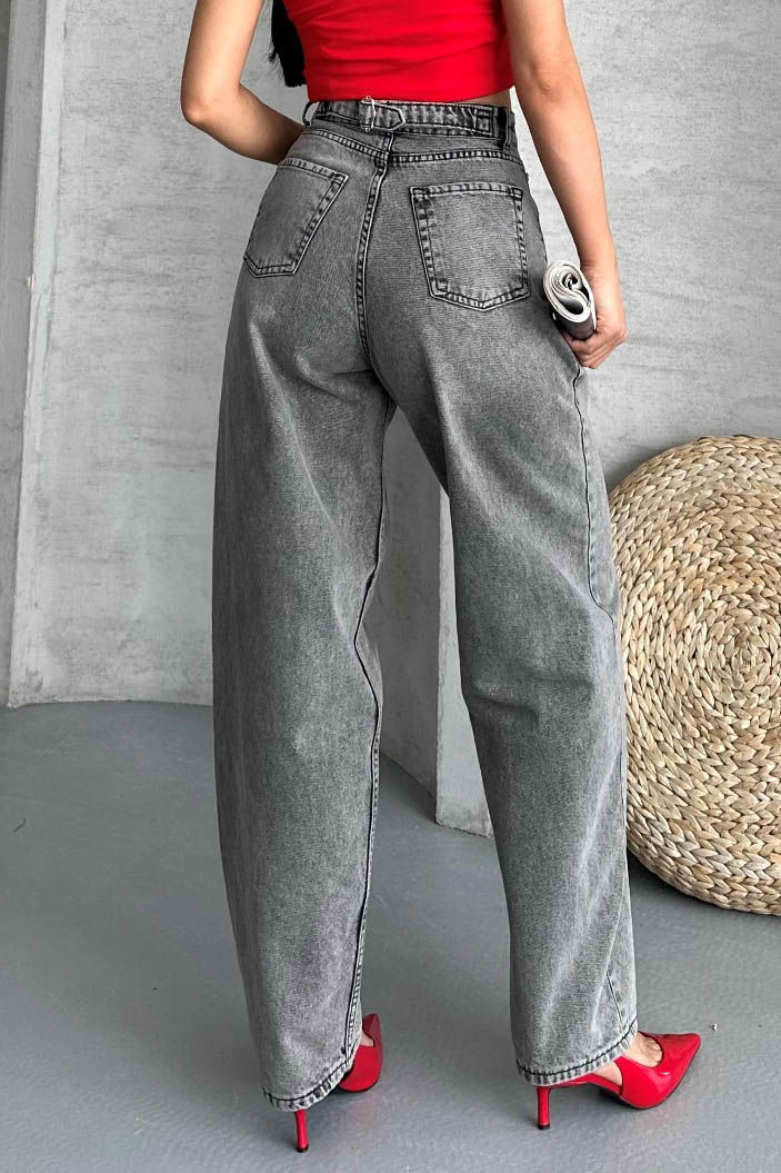 Tokalı Baggy Kot Pantolon Füme - 27297 - TOFİSA
