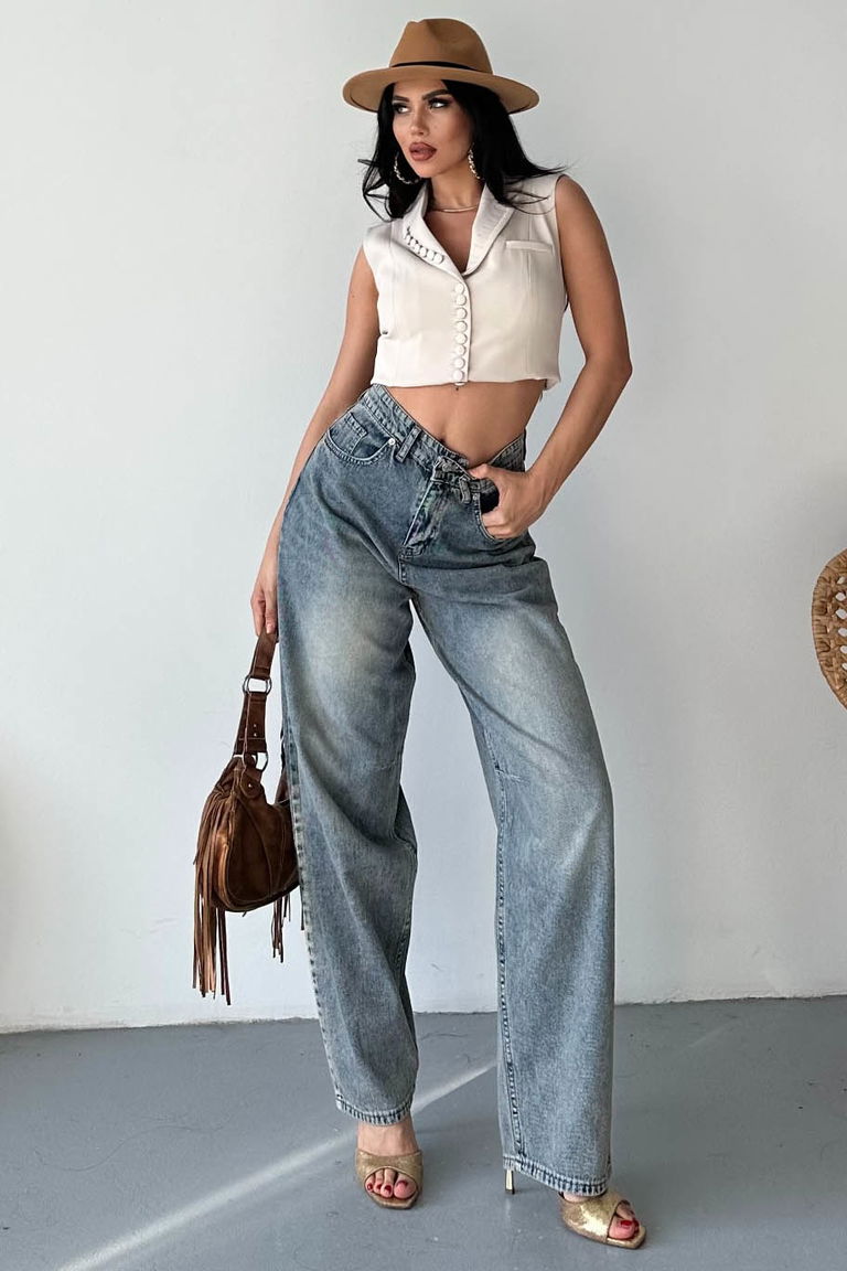 Tokalı Baggy Kot Pantolon Kahve - 27297 - TOFİSA