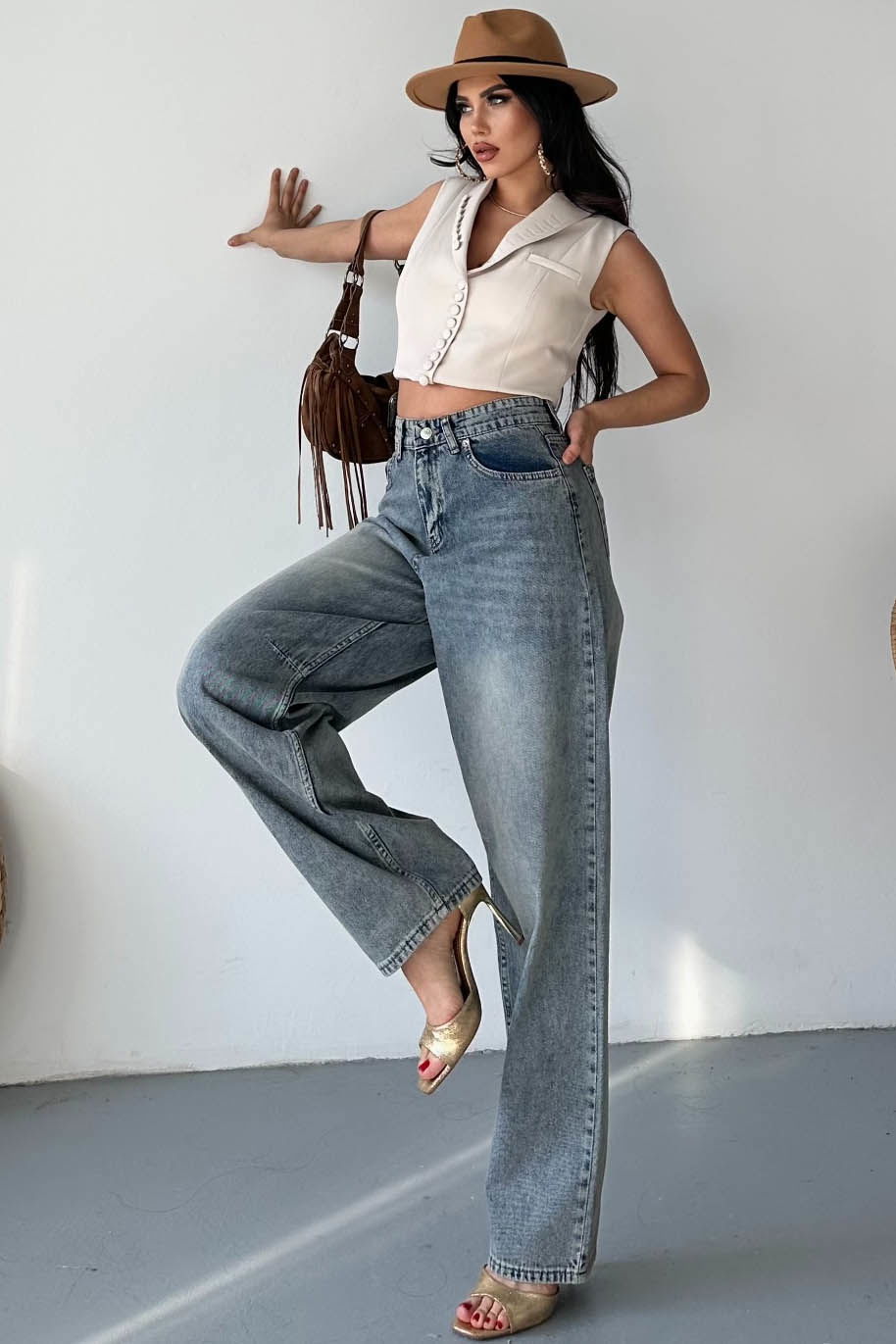 Tokalı Baggy Kot Pantolon Kahve - 27297 - 2