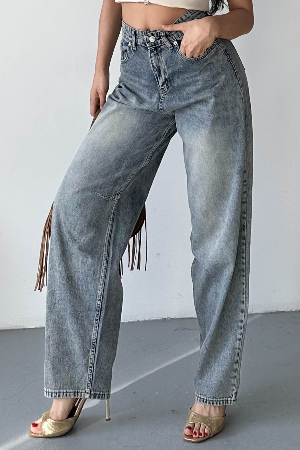 Tokalı Baggy Kot Pantolon Kahve - 27297 - 3