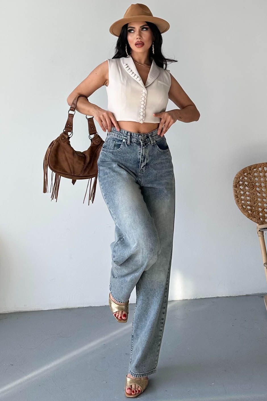 Tokalı Baggy Kot Pantolon Kahve - 27297 - 4