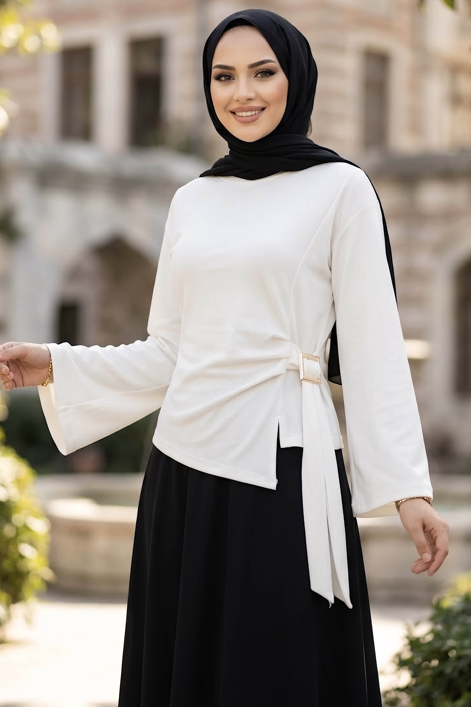 Tokalı Geniş Kollu Bluz Beyaz - 29008-BEYAZ - 1
