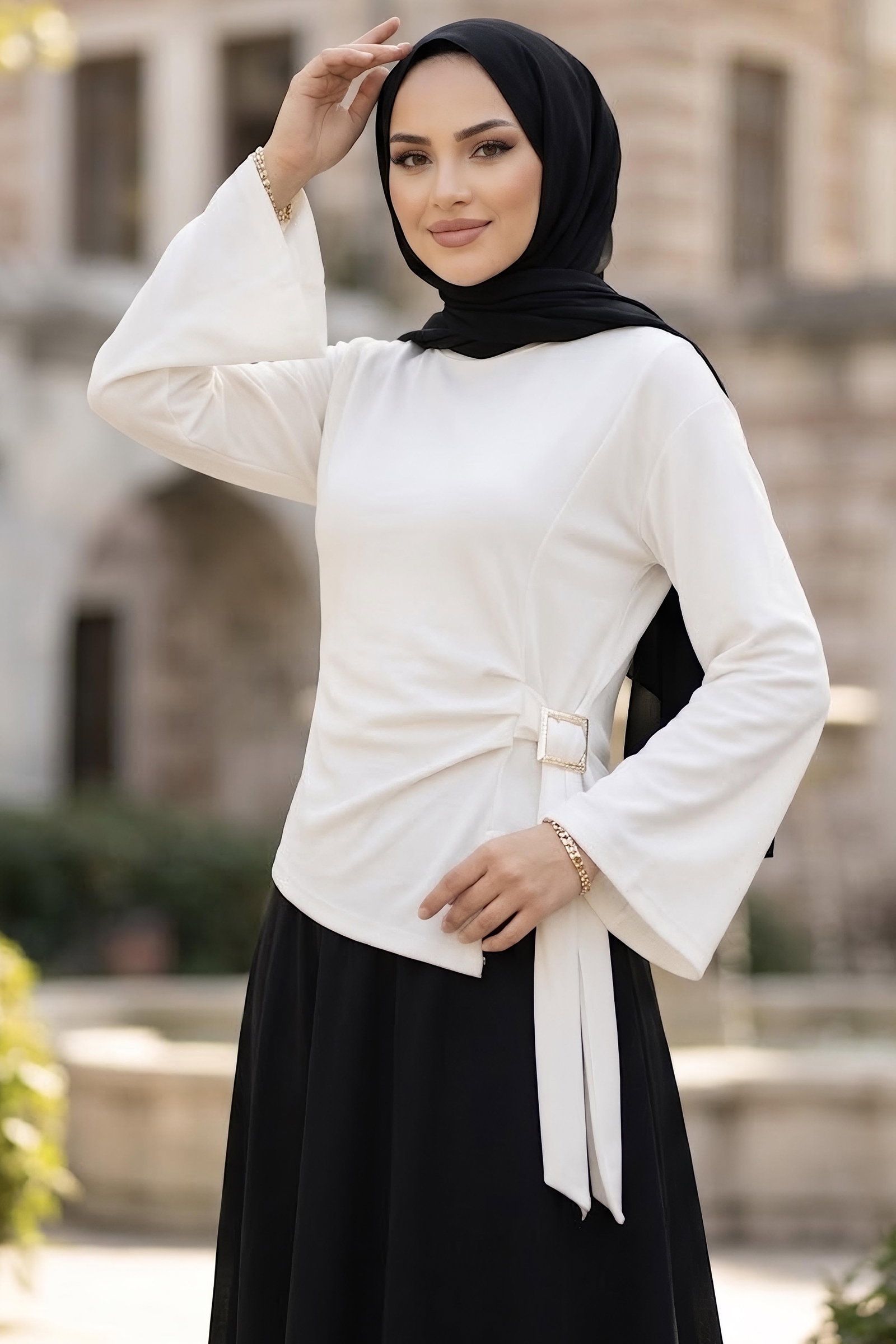 Tokalı Geniş Kollu Bluz Beyaz - 29008-BEYAZ - 2