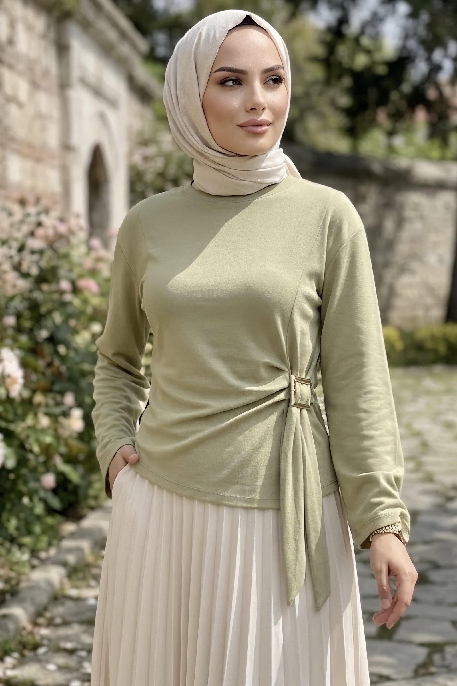 Tokalı Geniş Kollu Bluz çağla - 29008-CAGLA - 2