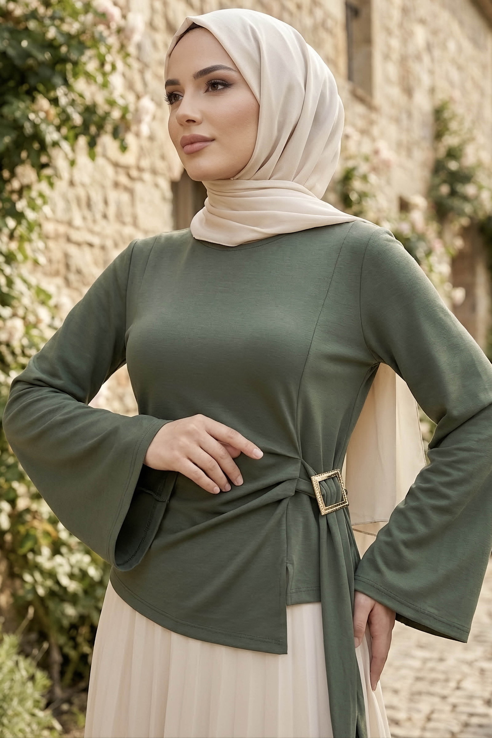 Tokalı Geniş Kollu Bluz Haki - 29008-HAKI - 1
