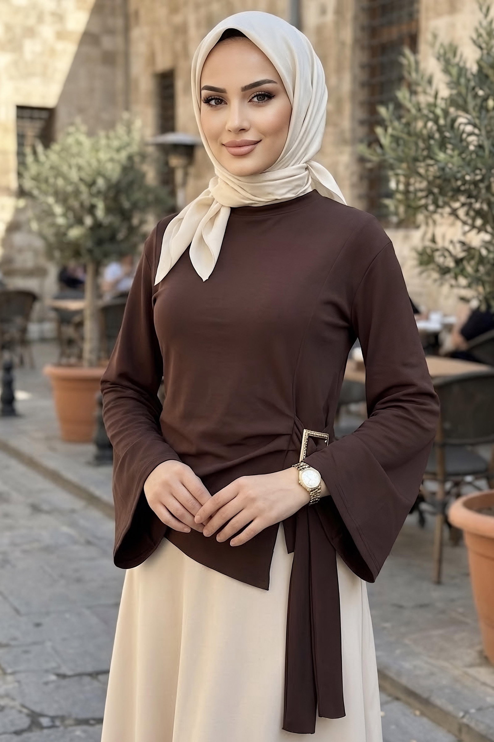 Tokalı Geniş Kollu Bluz Kahve - 29008-KAHVE - 2