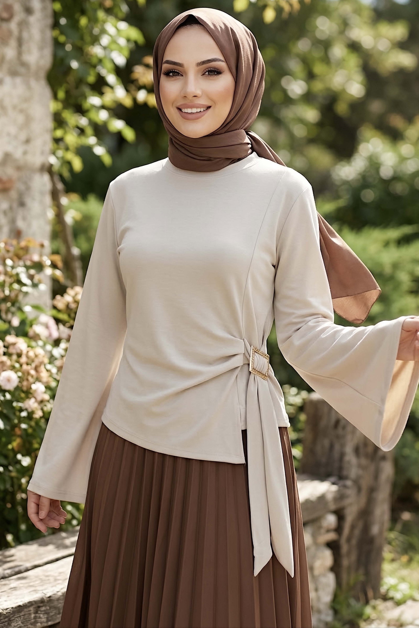 Tokalı Geniş Kollu Bluz Krem - 29008-KREM - 2