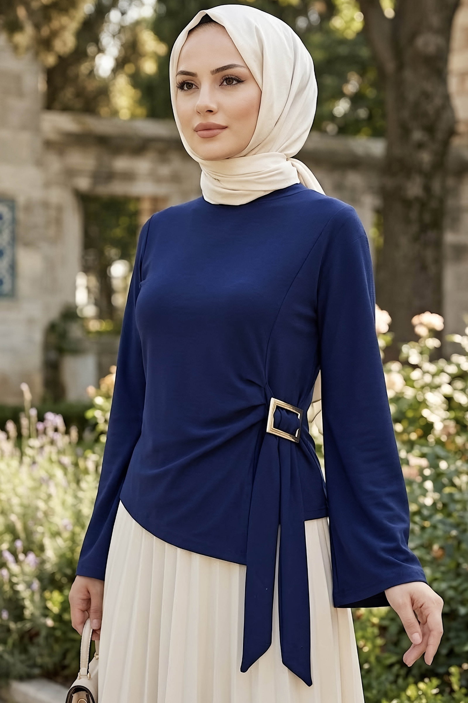 Tokalı Geniş Kollu Bluz Lacivert - 29008-LACIVERT - 1