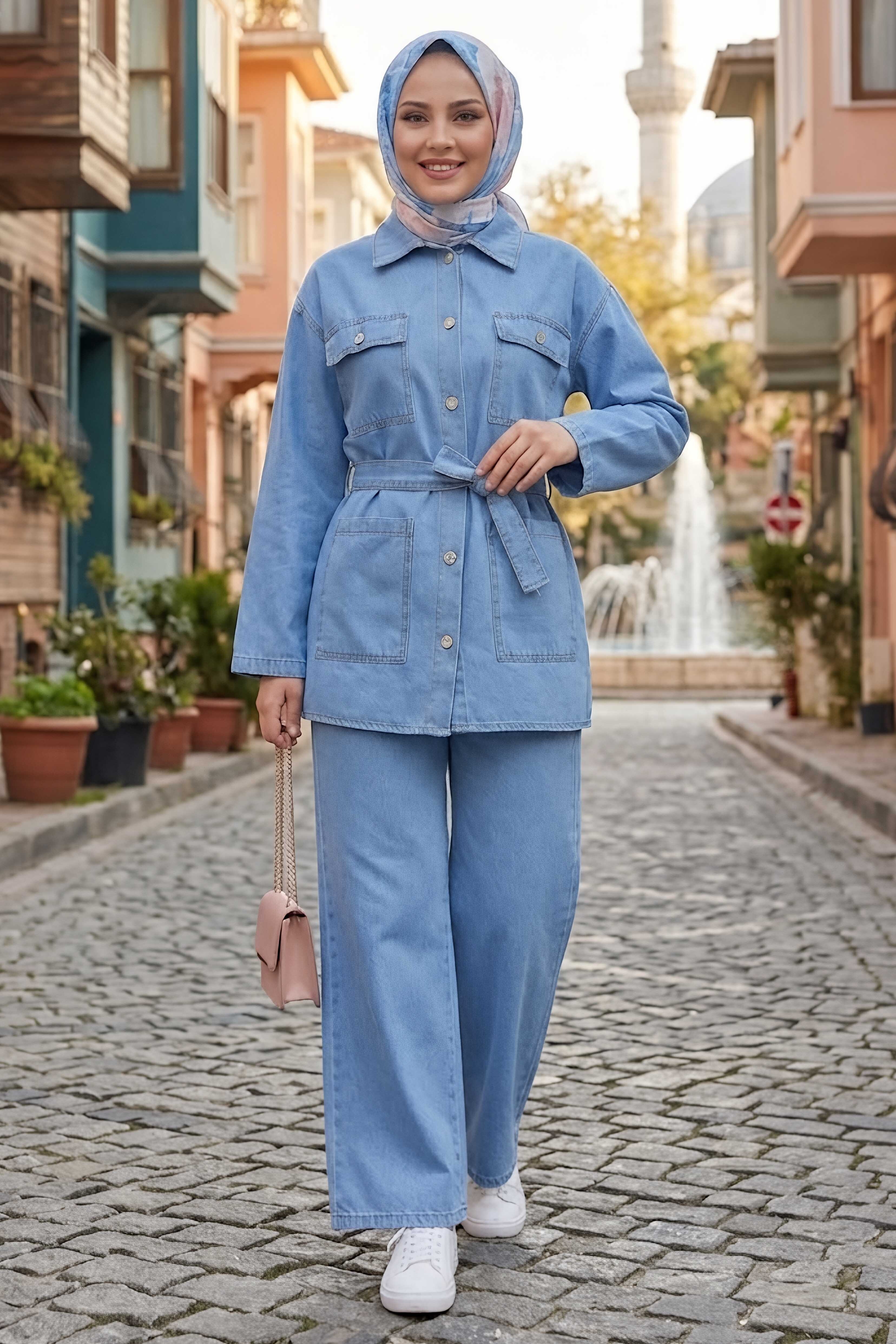 Torba Cepli Kemerli Kot Pantolon Takım Acik Mavi - 28580-ACIK-MAVI - 1