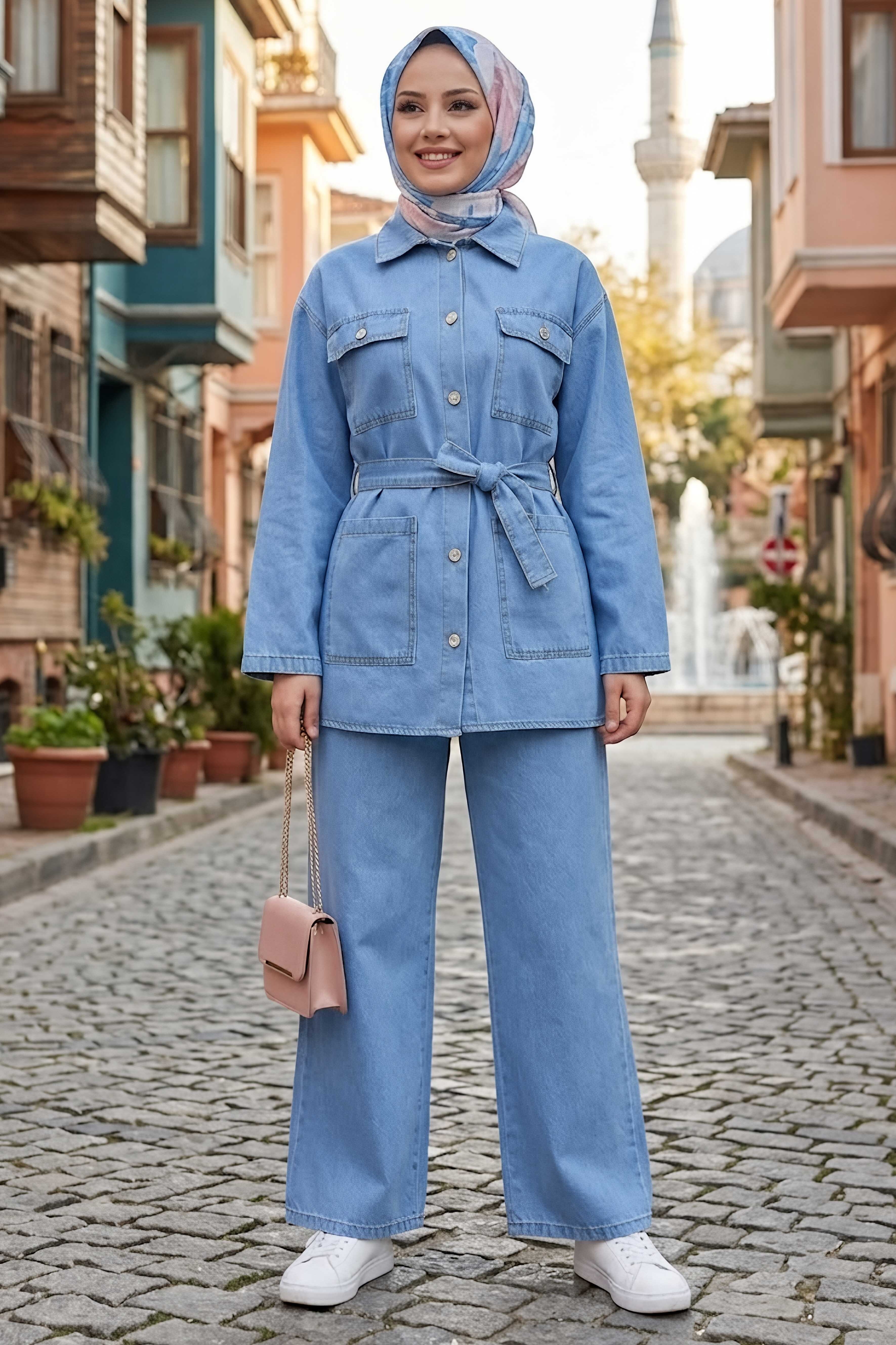Torba Cepli Kemerli Kot Pantolon Takım Acik Mavi - 28580-ACIK-MAVI - 3