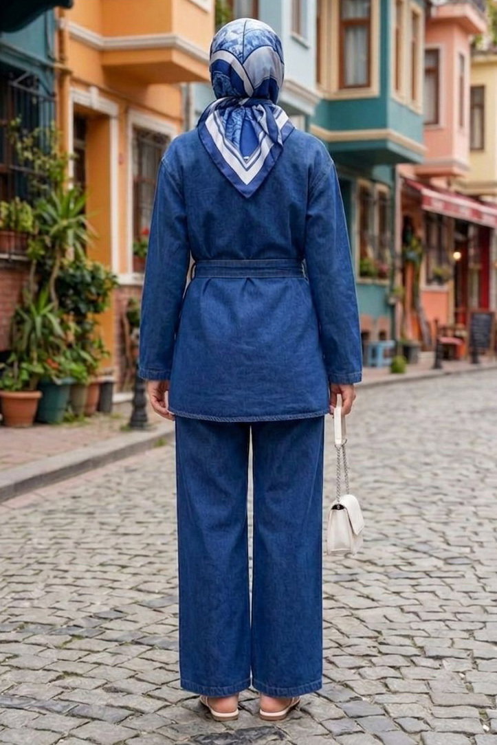 Torba Cepli Kemerli Kot Pantolon Takım Koyu Mavi - 28580-KOYU-MAVI - 3