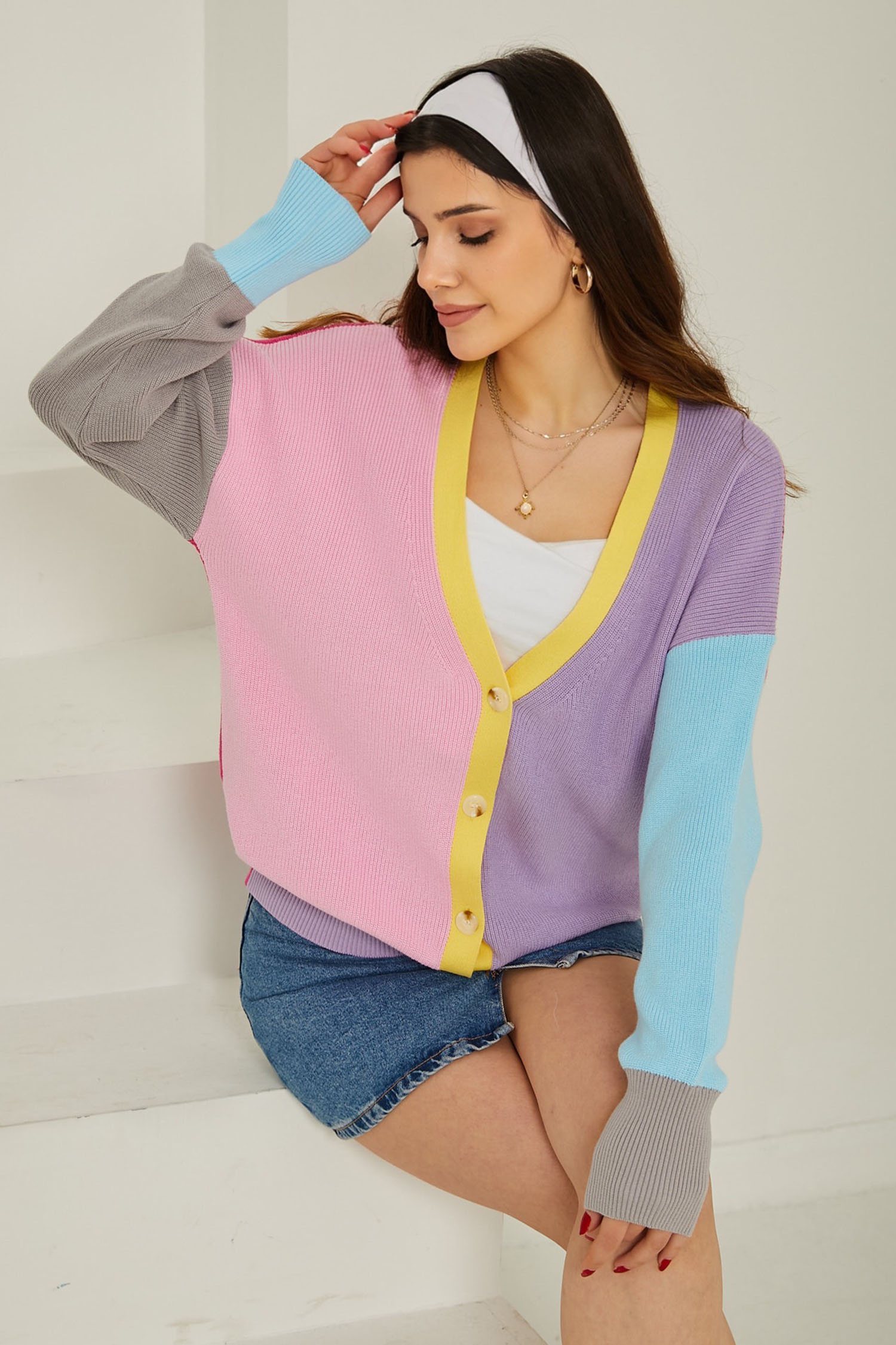 Triko Renkli Hırka Fusya - 26736 - 1