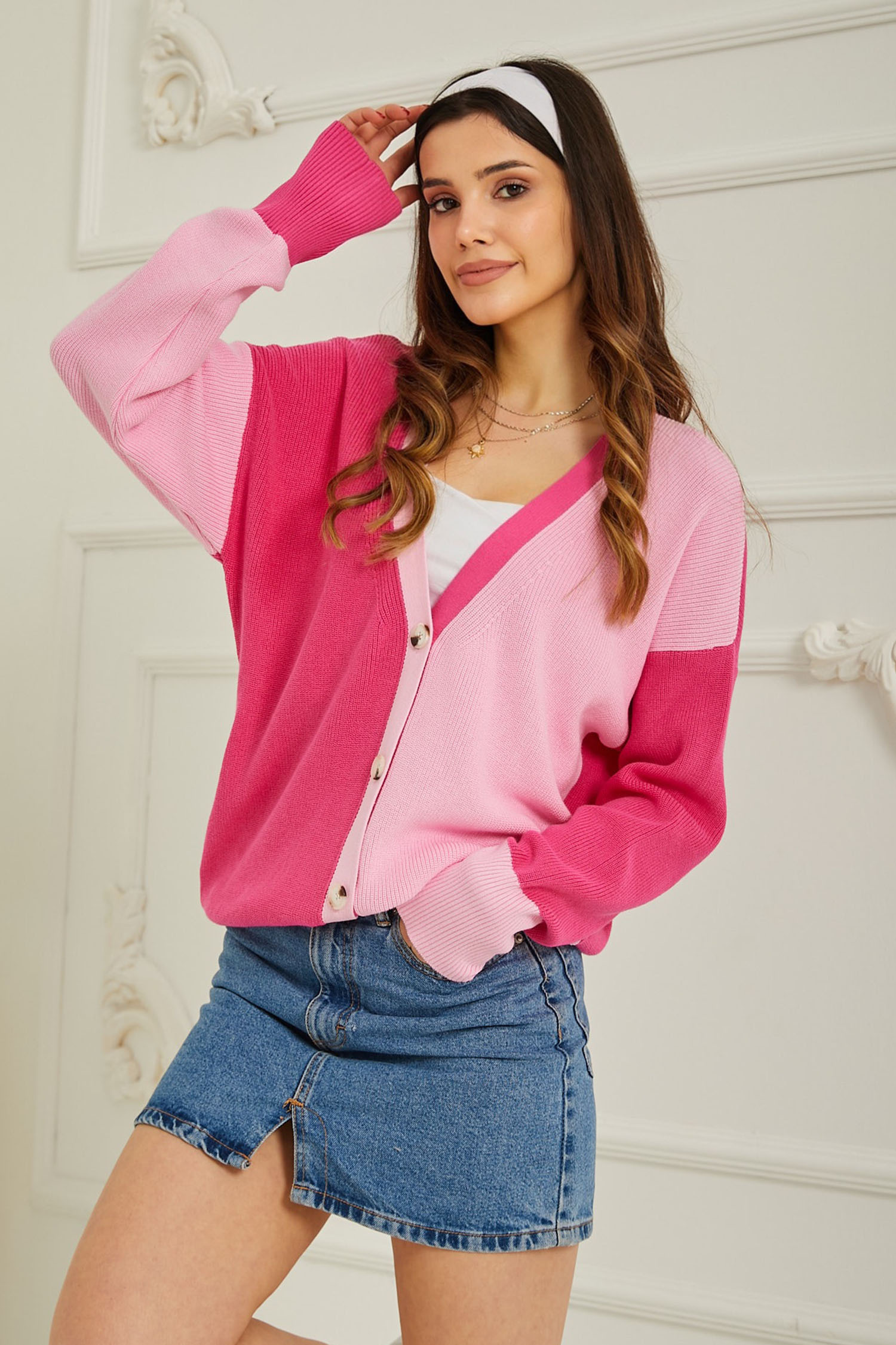 Triko Renkli Hırka Pembe - 26736 - 1