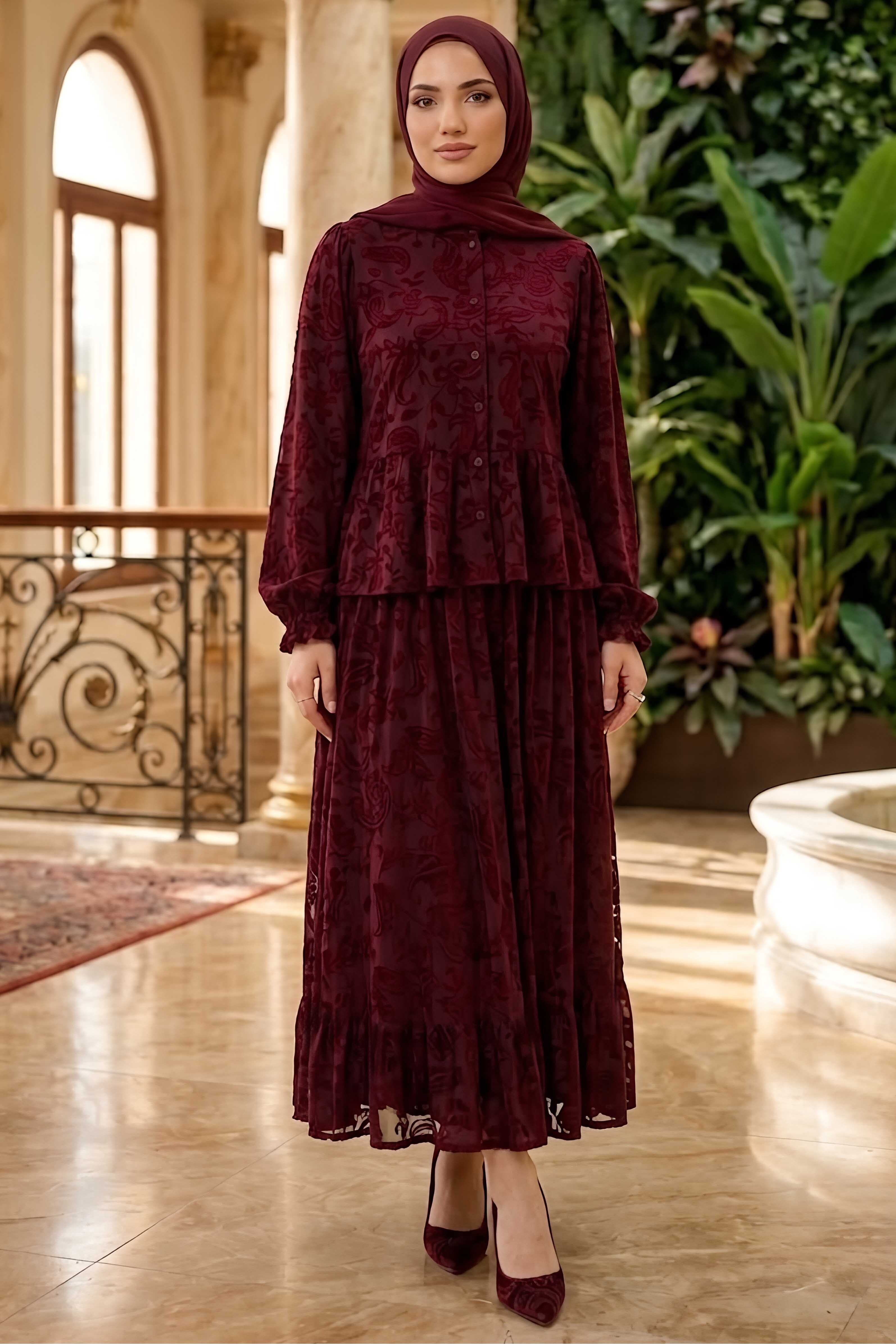 Tül Floğu Baskılı Etekli Takım Bordo - 28782-BORDO - 1
