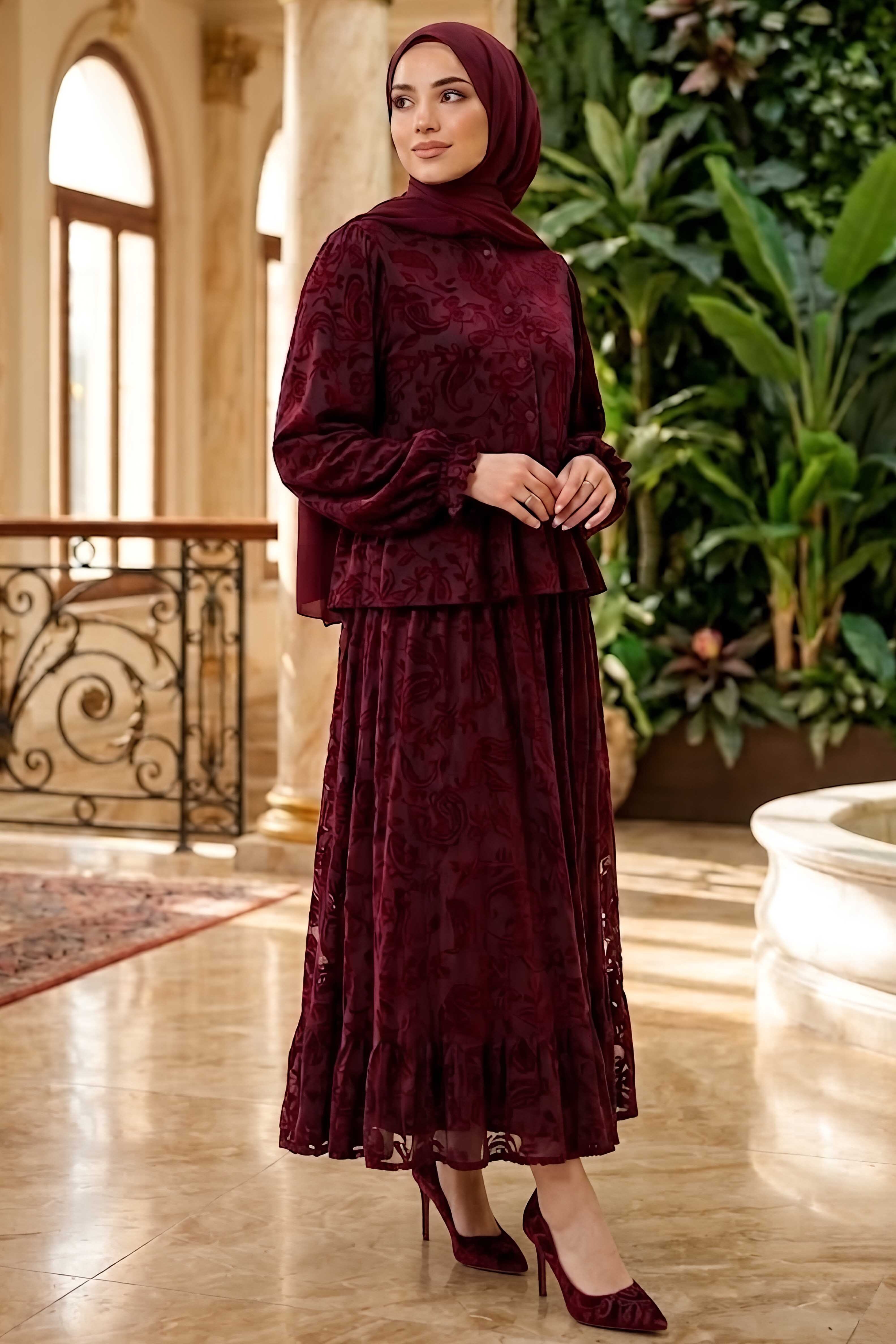 Tül Floğu Baskılı Etekli Takım Bordo - 28782-BORDO - 2