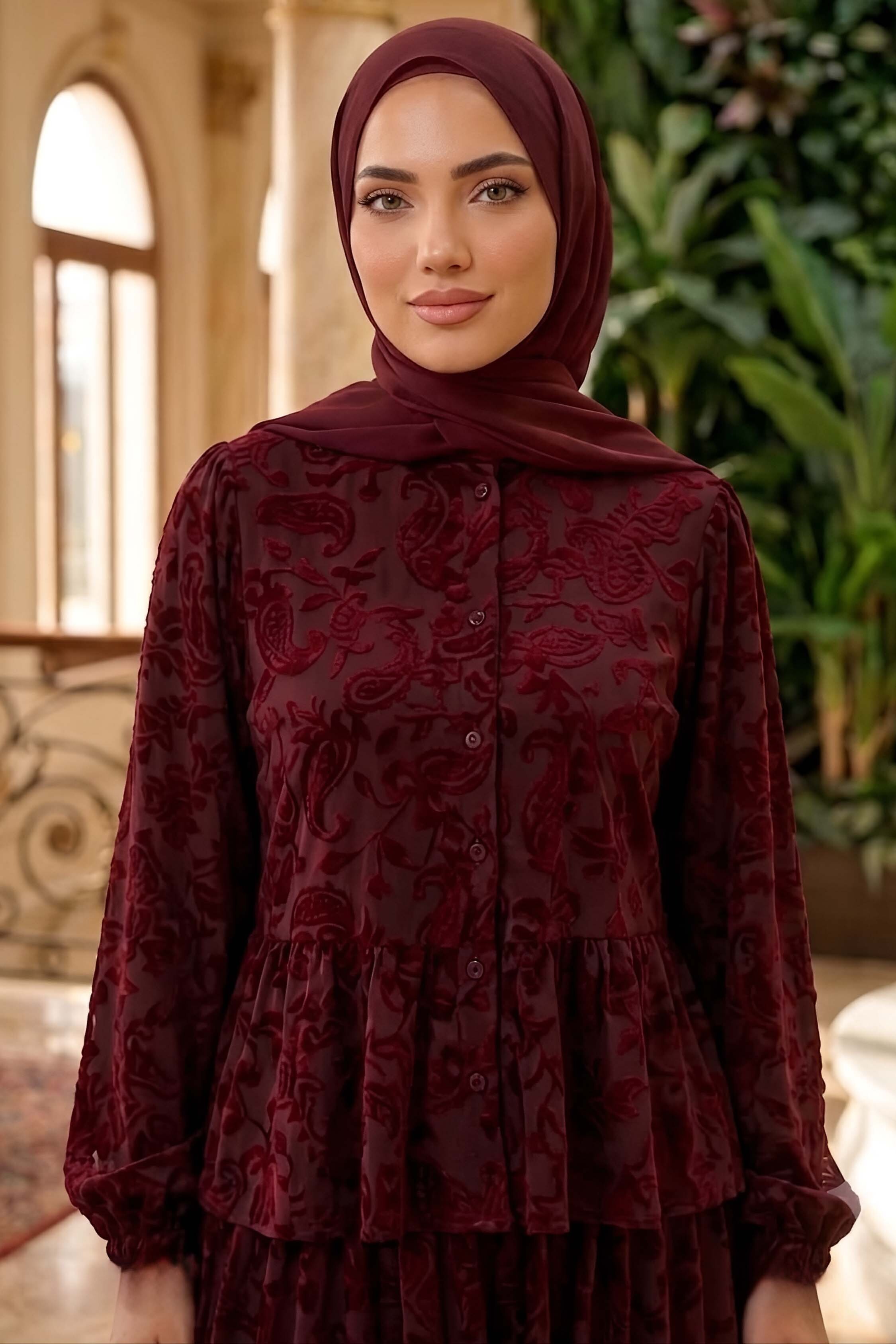 Tül Floğu Baskılı Etekli Takım Bordo - 28782-BORDO - 3
