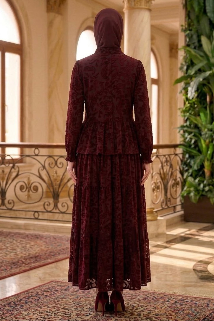 Tül Floğu Baskılı Etekli Takım Bordo - 28782-BORDO - 4