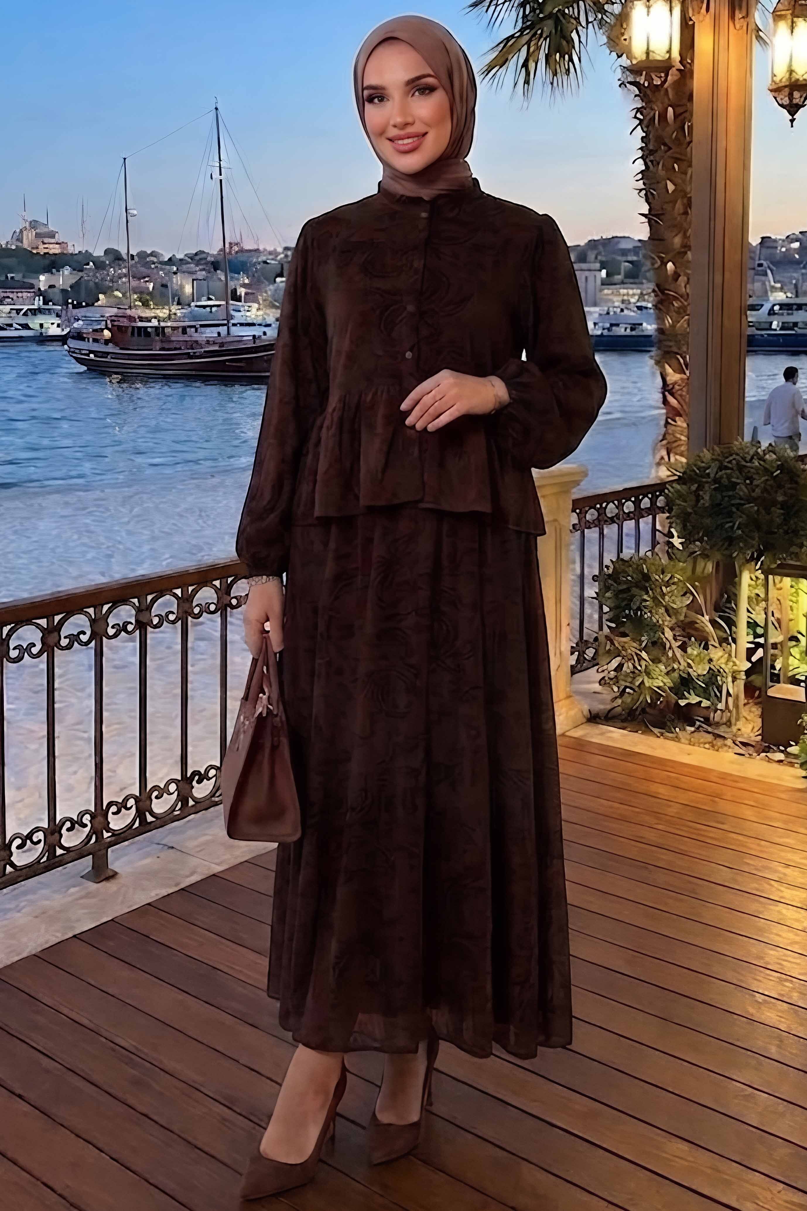 Tül Floğu Baskılı Etekli Takım Kahve - 28782-KAHVE - 1