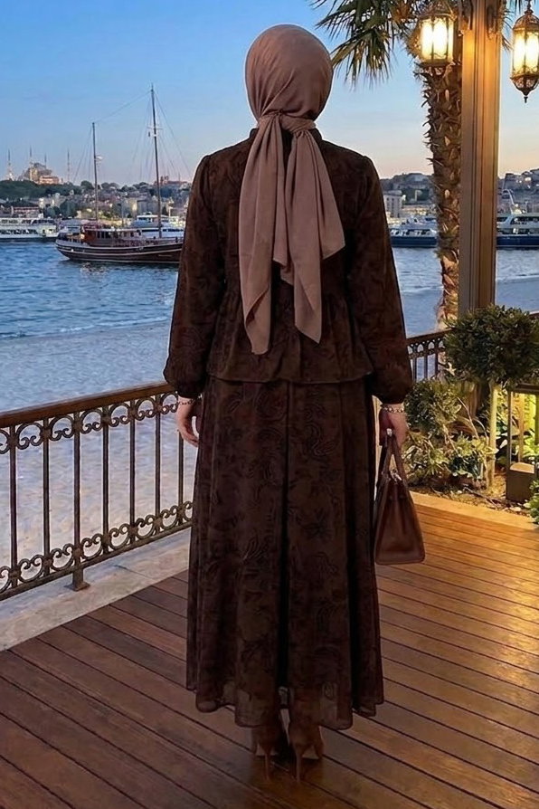 Tül Floğu Baskılı Etekli Takım Kahve - 28782-KAHVE - 3