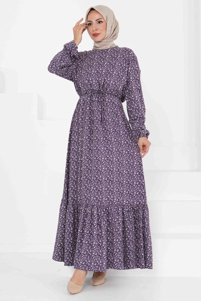 Tünel Kuşaklı Desenli Elbise - 27423 