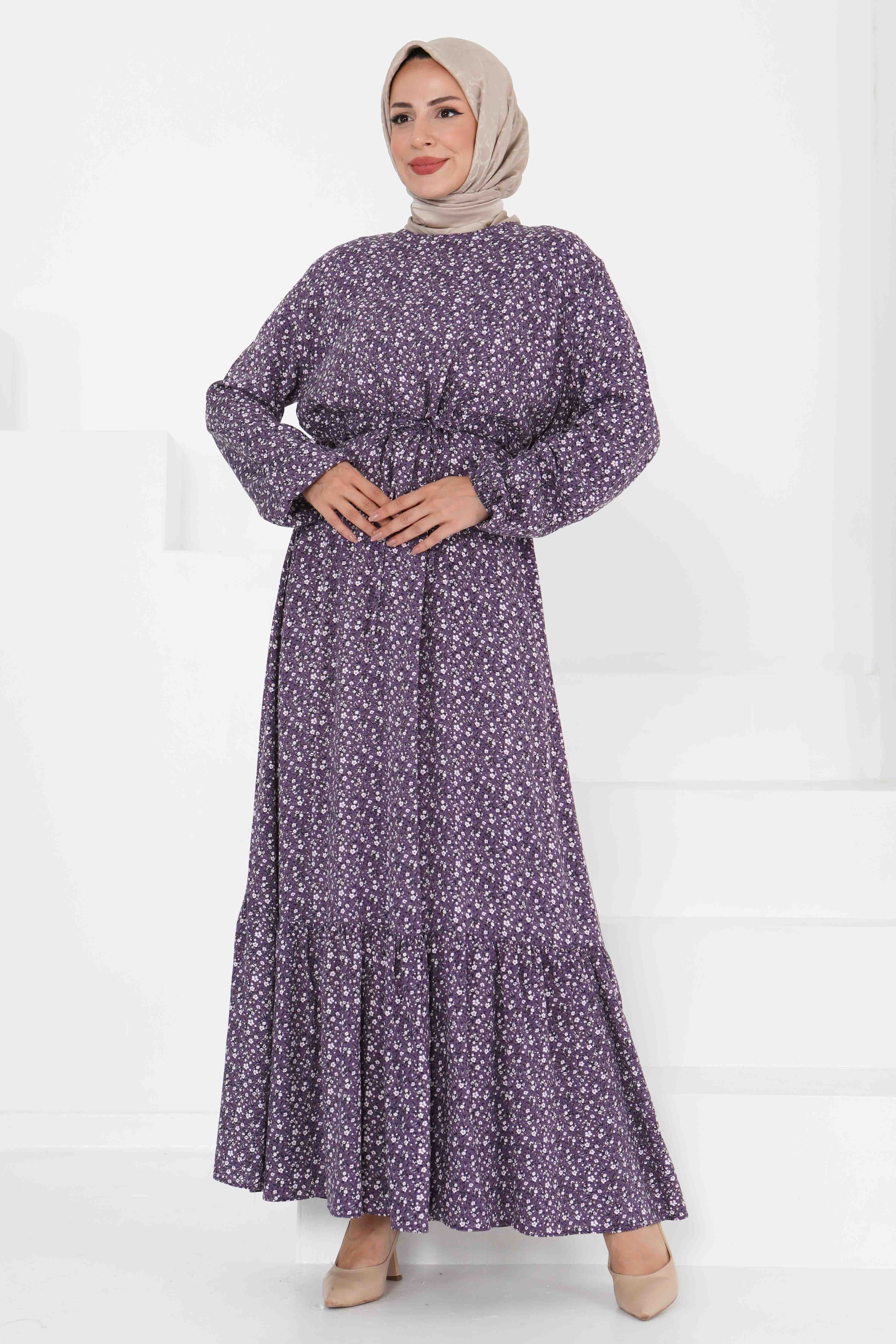 Tünel Kuşaklı Desenli Elbise - 27423 - 3