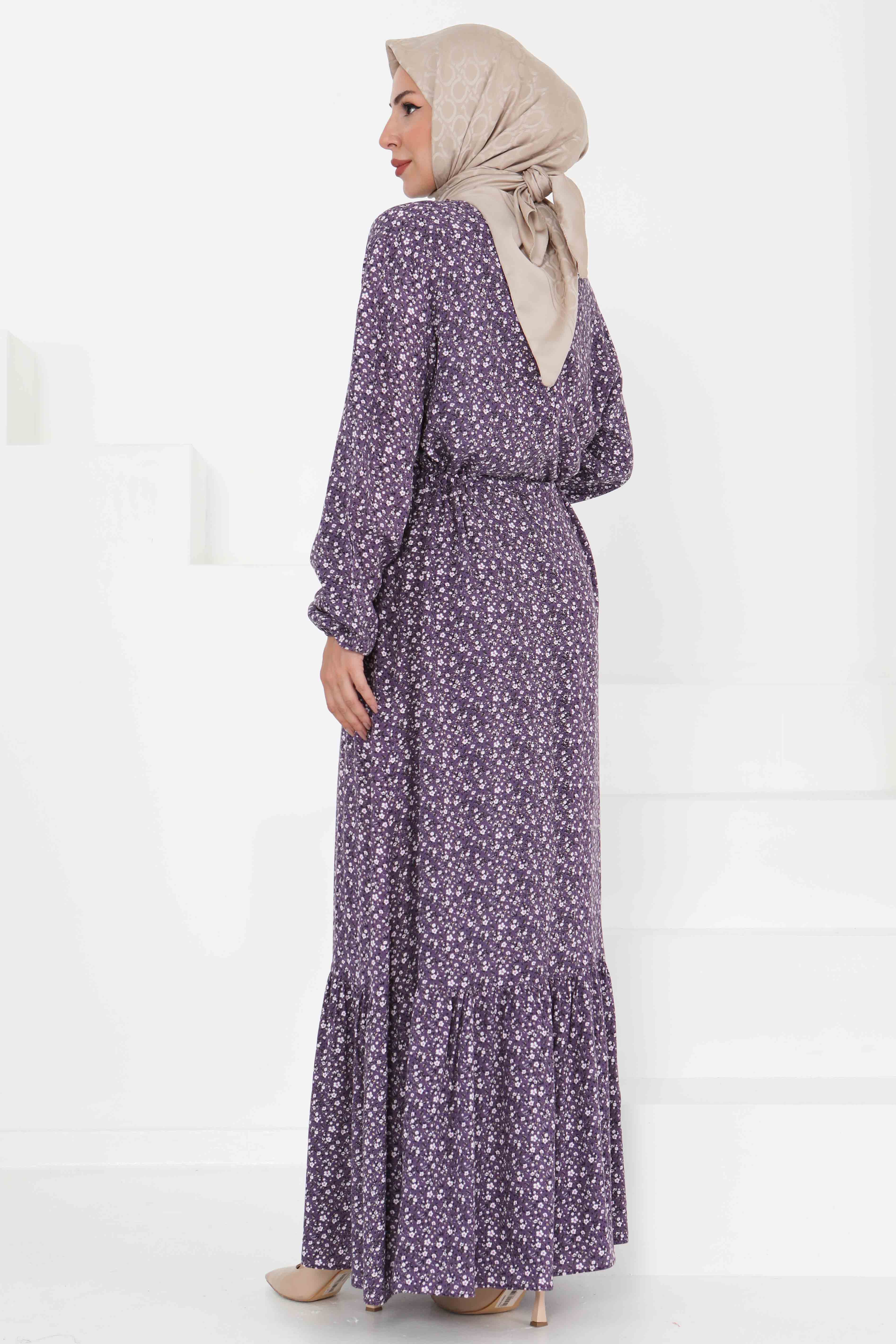 Tünel Kuşaklı Desenli Elbise - 27423 - 4