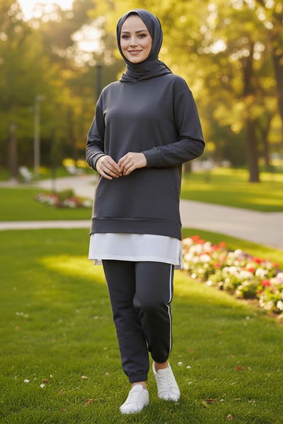 Eteği Garnili İkili Takım - 8330-ANTRASIT 