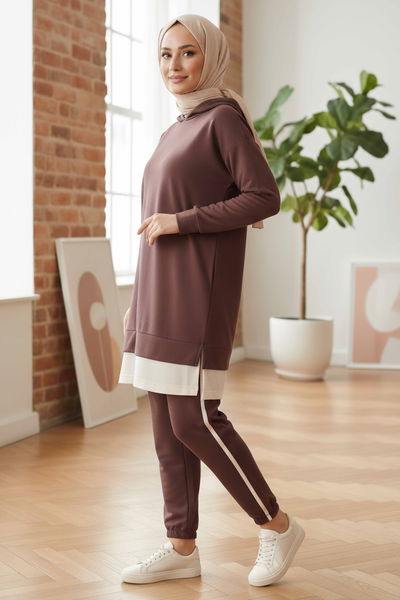 Eteği Garnili İkili Takım - 8330-KAHVE 