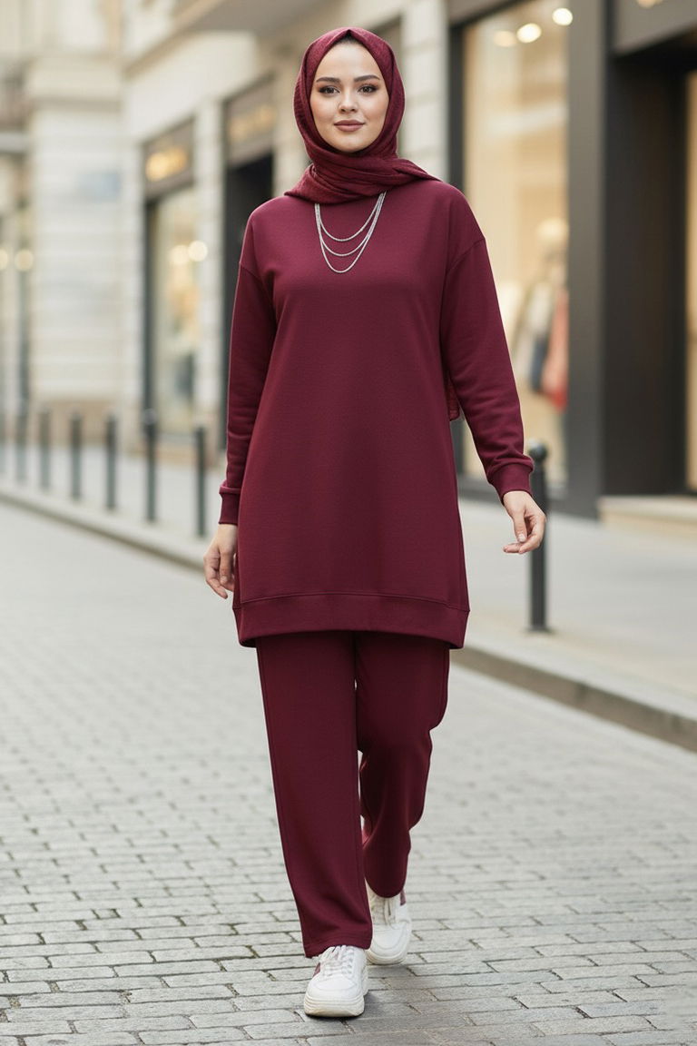 Tunik Pantolon Modal İkİli Takım - 28004-BORDO - TOFİSA