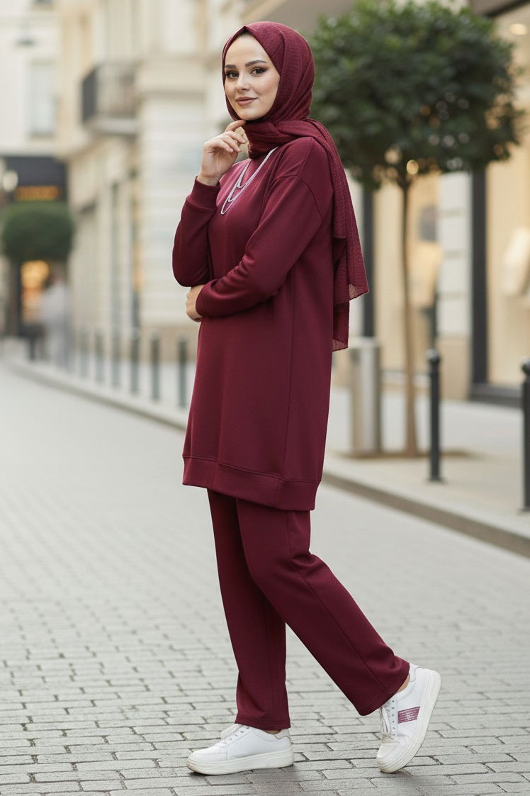 Tunik Pantolon Modal İkİli Takım - 28004-BORDO - TOFİSA