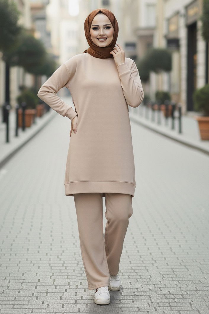Tunik Pantolon Modal İkİli Takım - 28004-KREM - TOFİSA