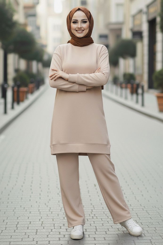 Tunik Pantolon Modal İkİli Takım - 28004-KREM - TOFİSA