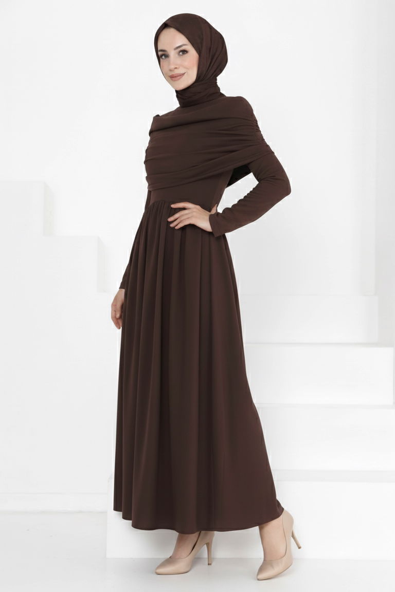 Üstü Şal Detaylı Elbise - 27282-KAHVE - TOFİSA