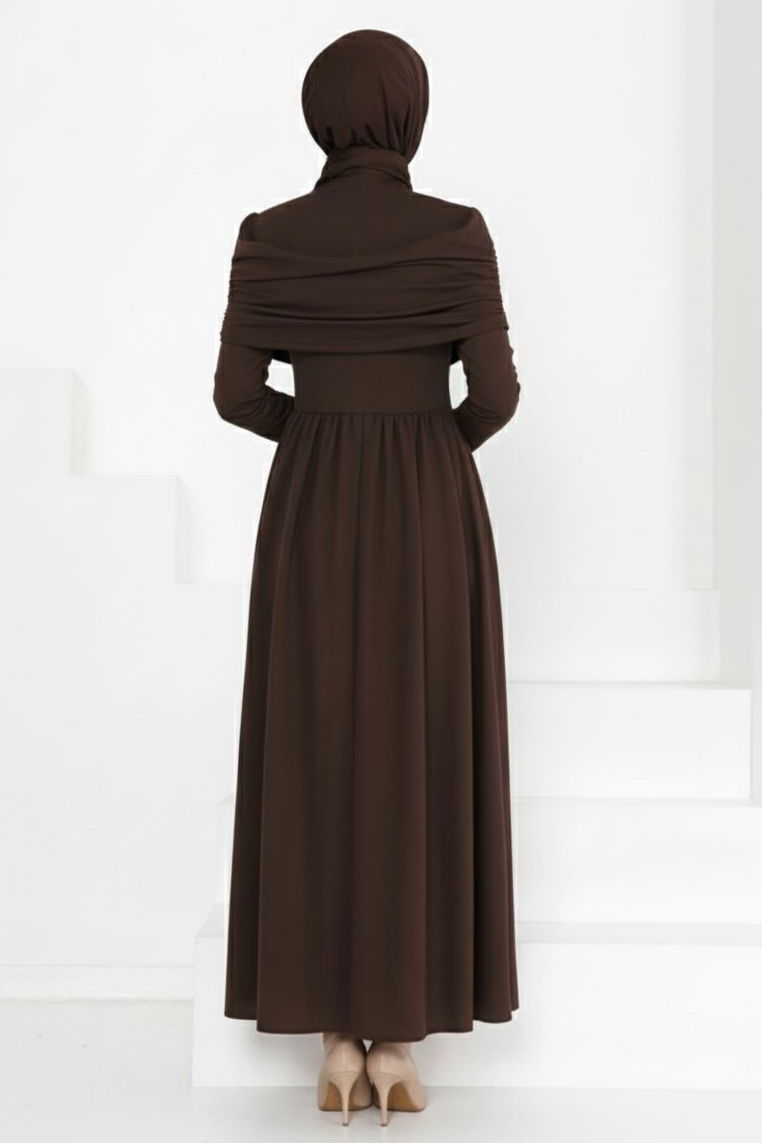 Üstü Şal Detaylı Elbise - 27282-KAHVE - TOFİSA