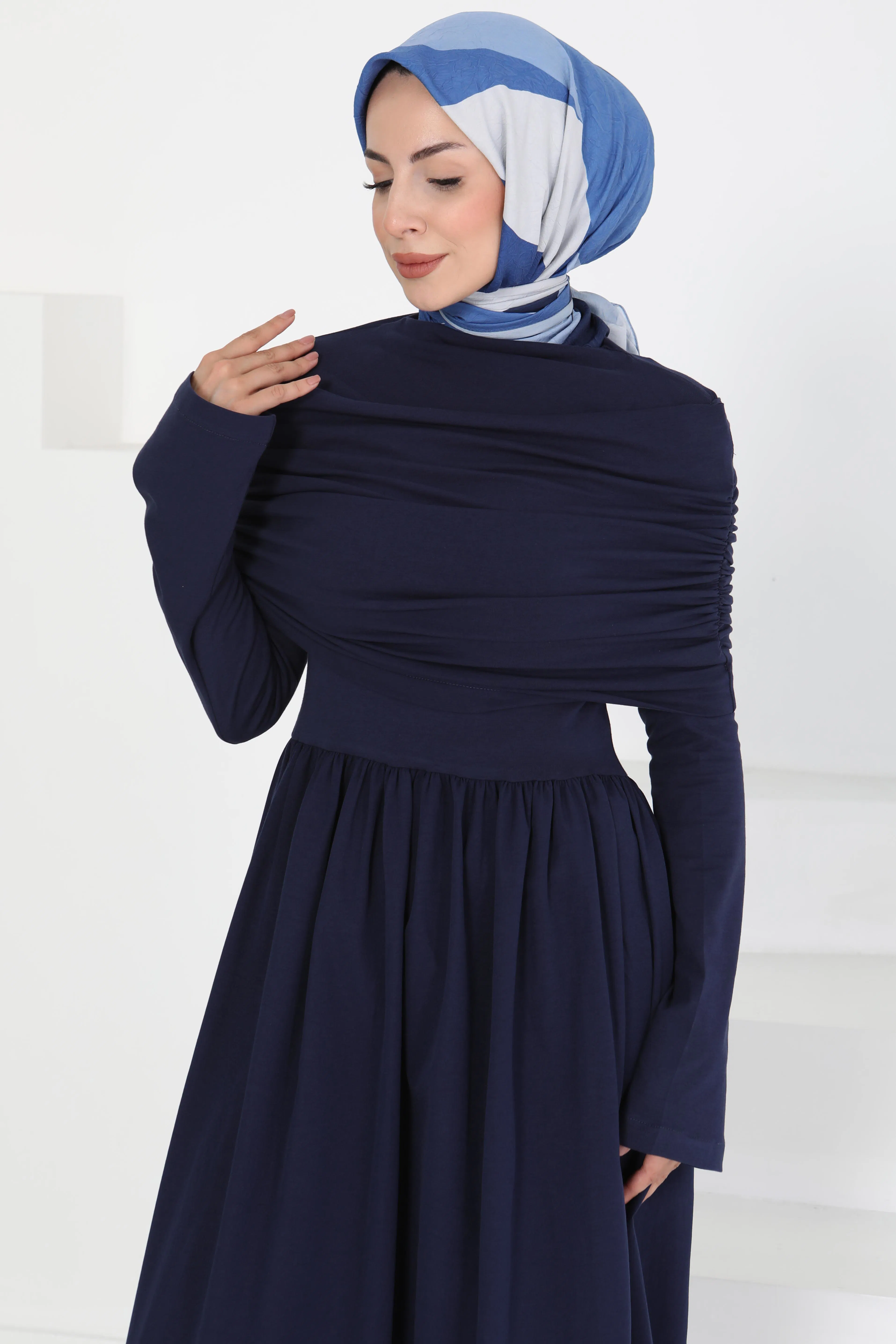 Üstü Şal Detaylı Elbise Lacivert - 27282 - 2